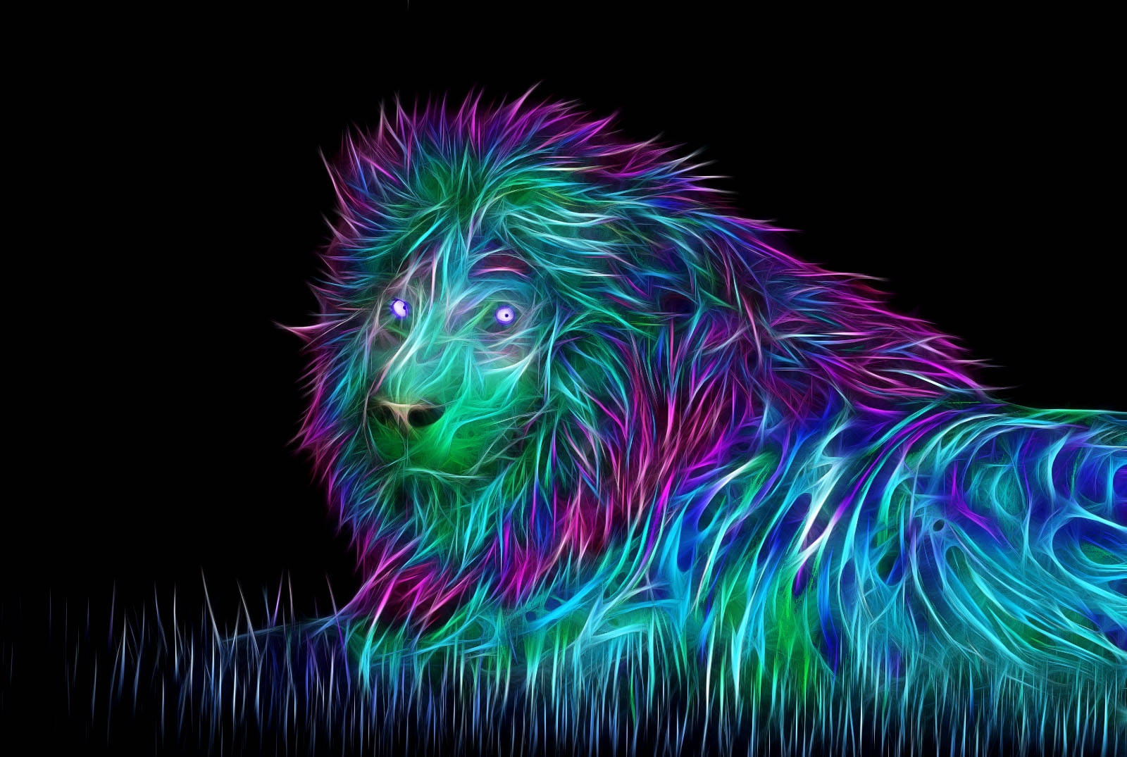 3D-neonleijona makaamassa ruohikolla -taustakuva