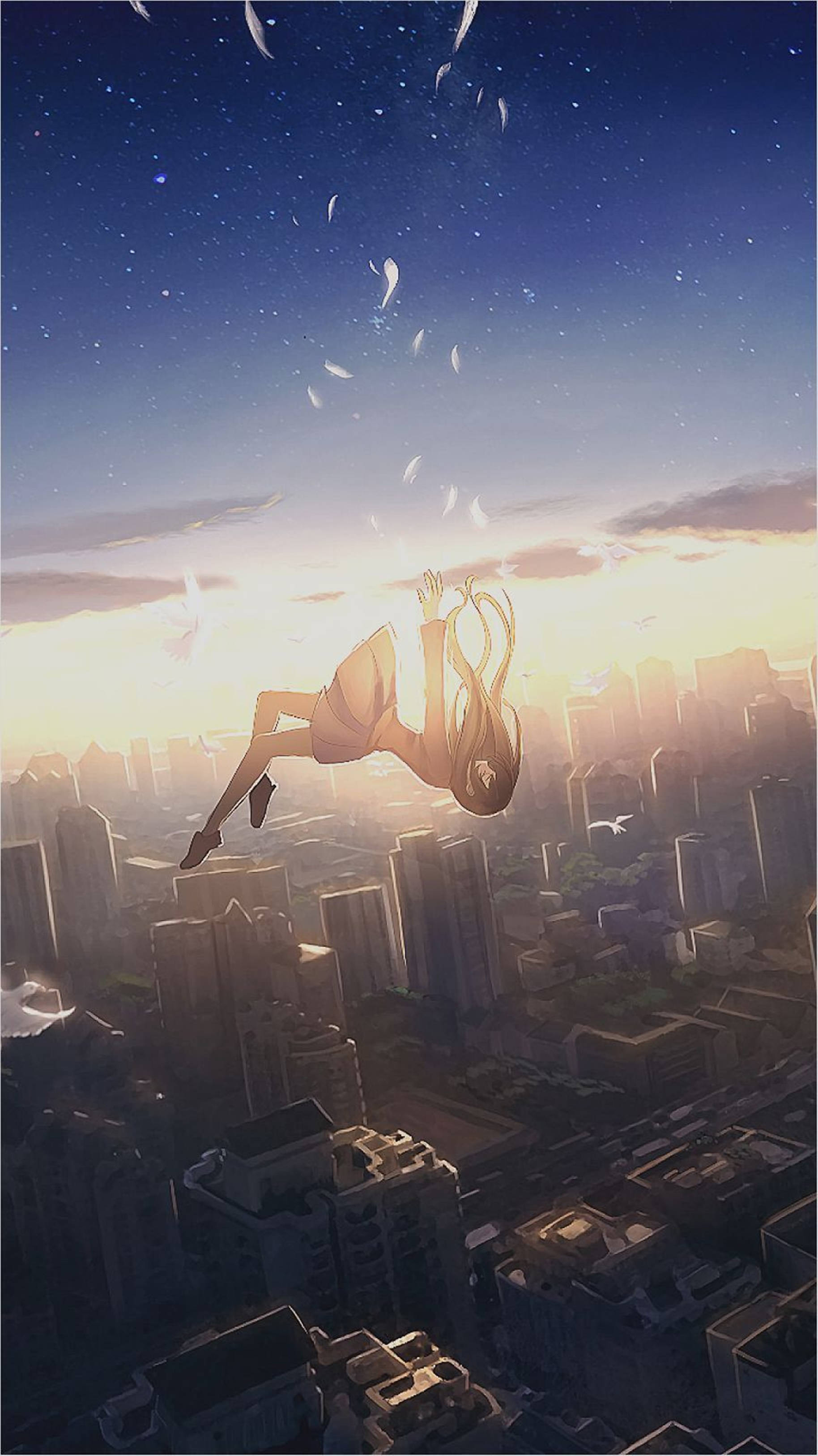 4K Anime iPhone Tyttö putoamassa kaupunkiin Taustakuvat