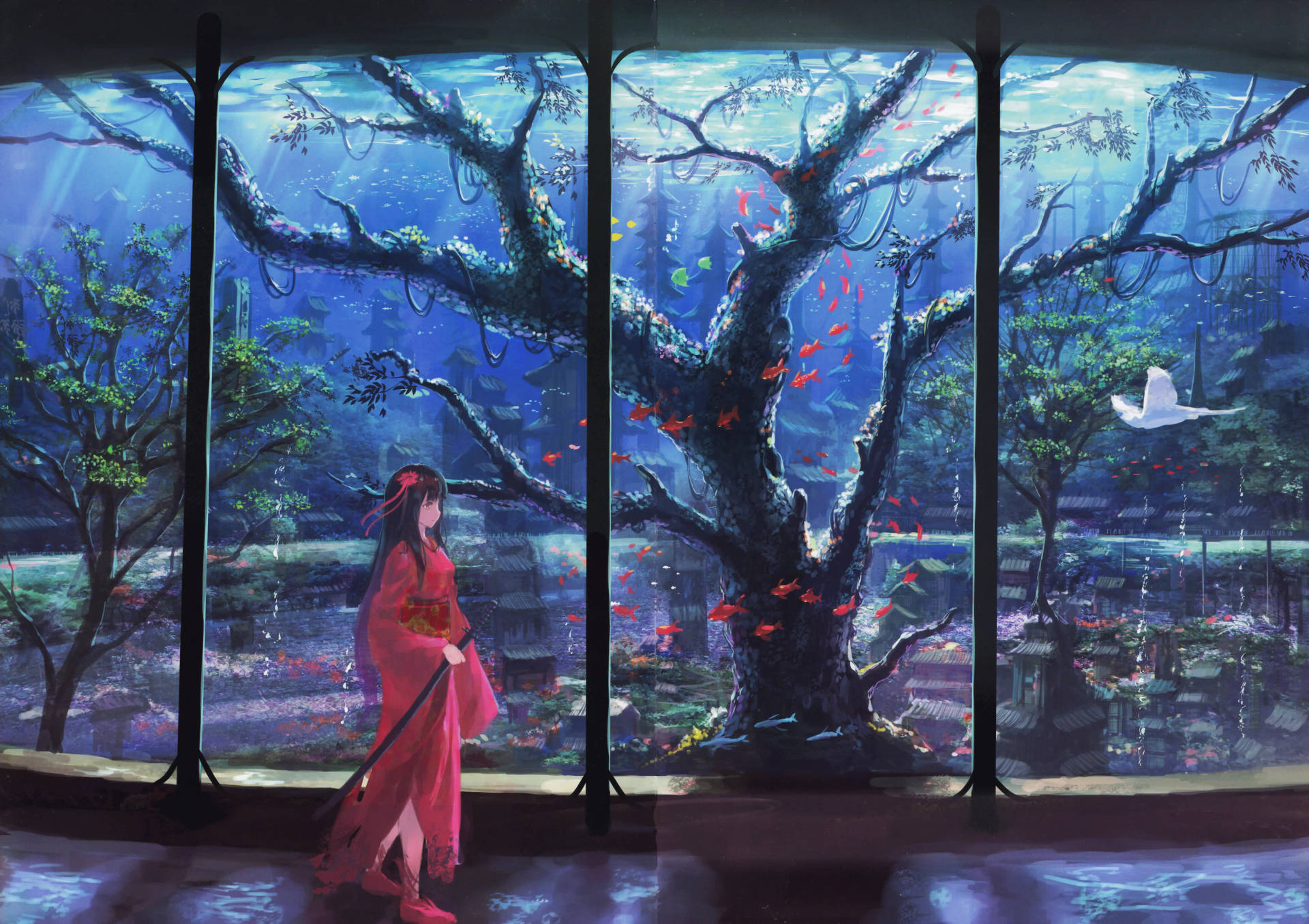 8K Anime Kimono Ja Akvaario — Anime maisema GIF Taustakuvat
