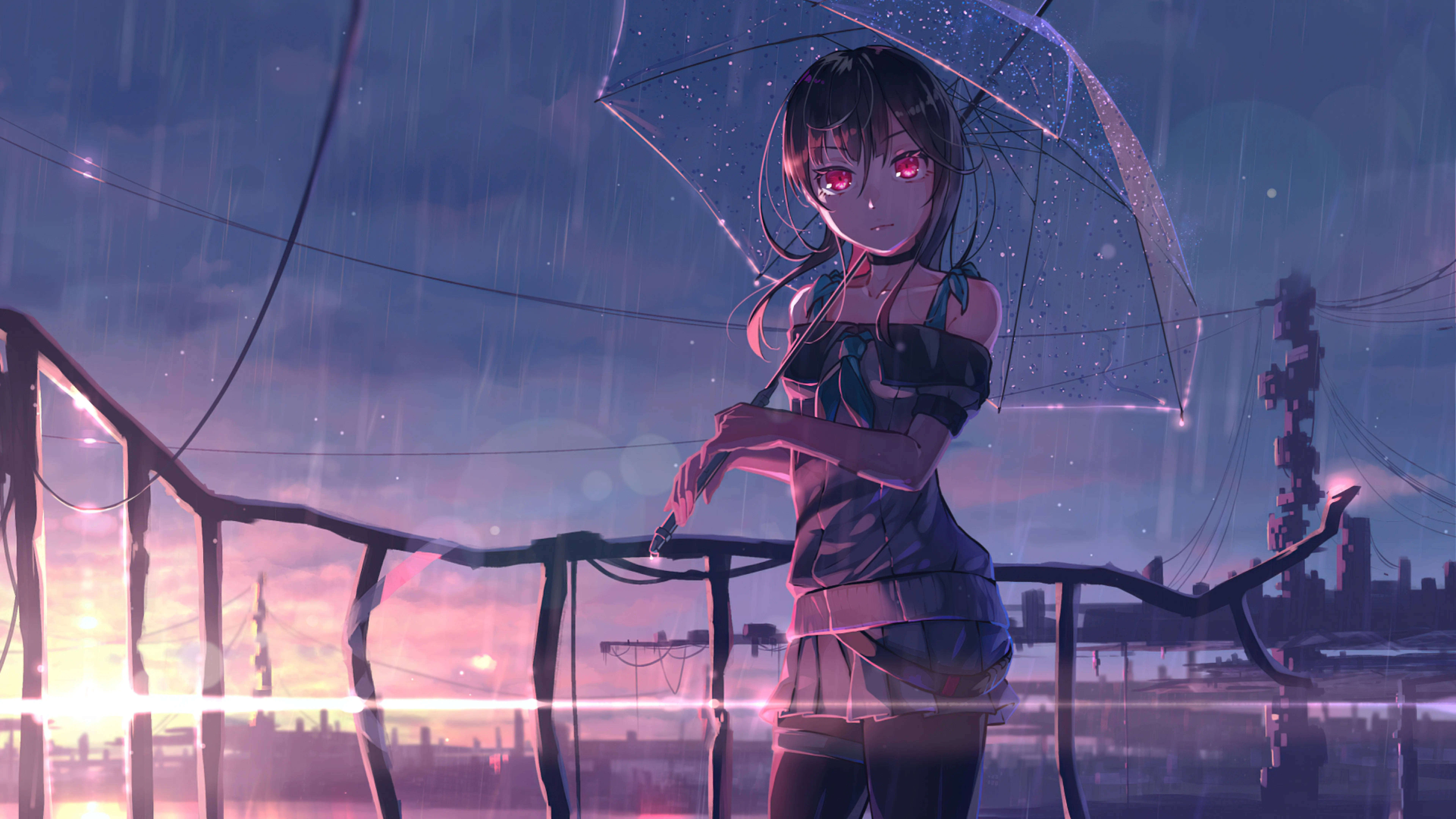 8K Anime-tyttö sateessa Taustakuvat