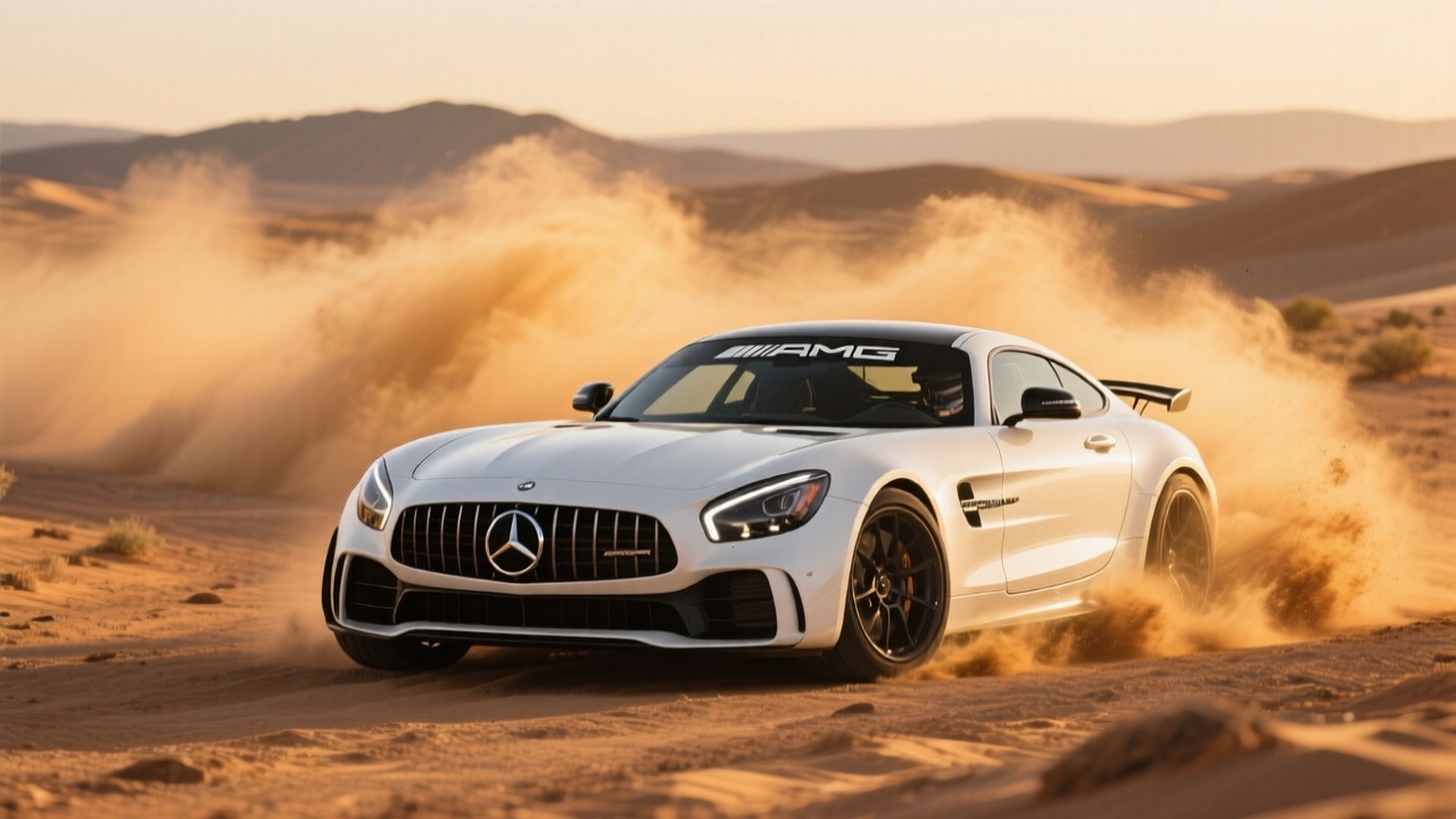 Valkoinen Mercedes-AMG GT R liukumassa aavikolla kultaisena tuntina — Hienot autot GIF Taustakuvat