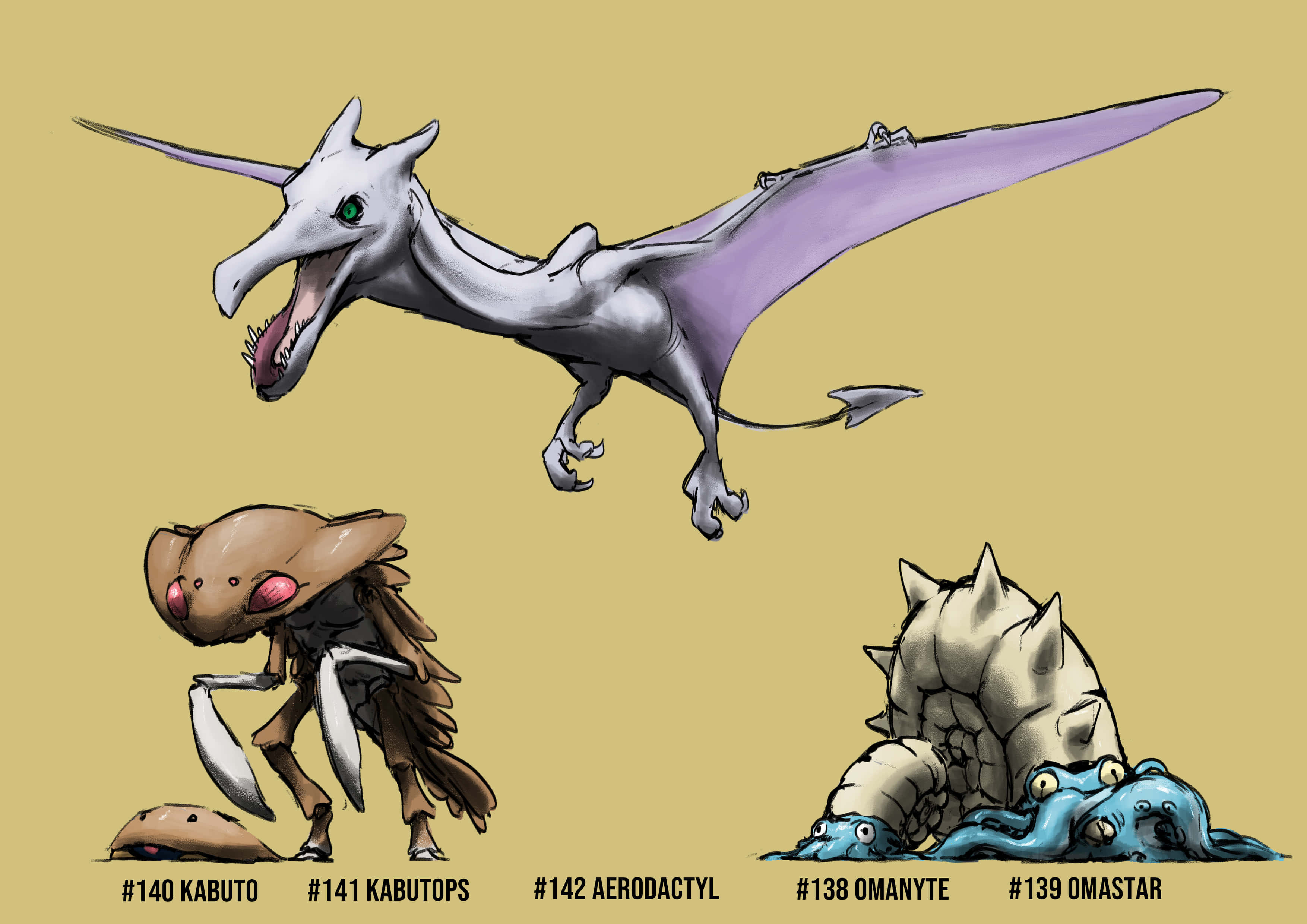 Aerodactyl, Kabutops ja Omastar Taustakuvat