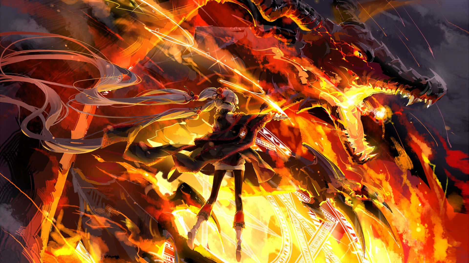 Aggressiivinen maaginen tulta syöksevä lohikäärme anime Taustakuvat