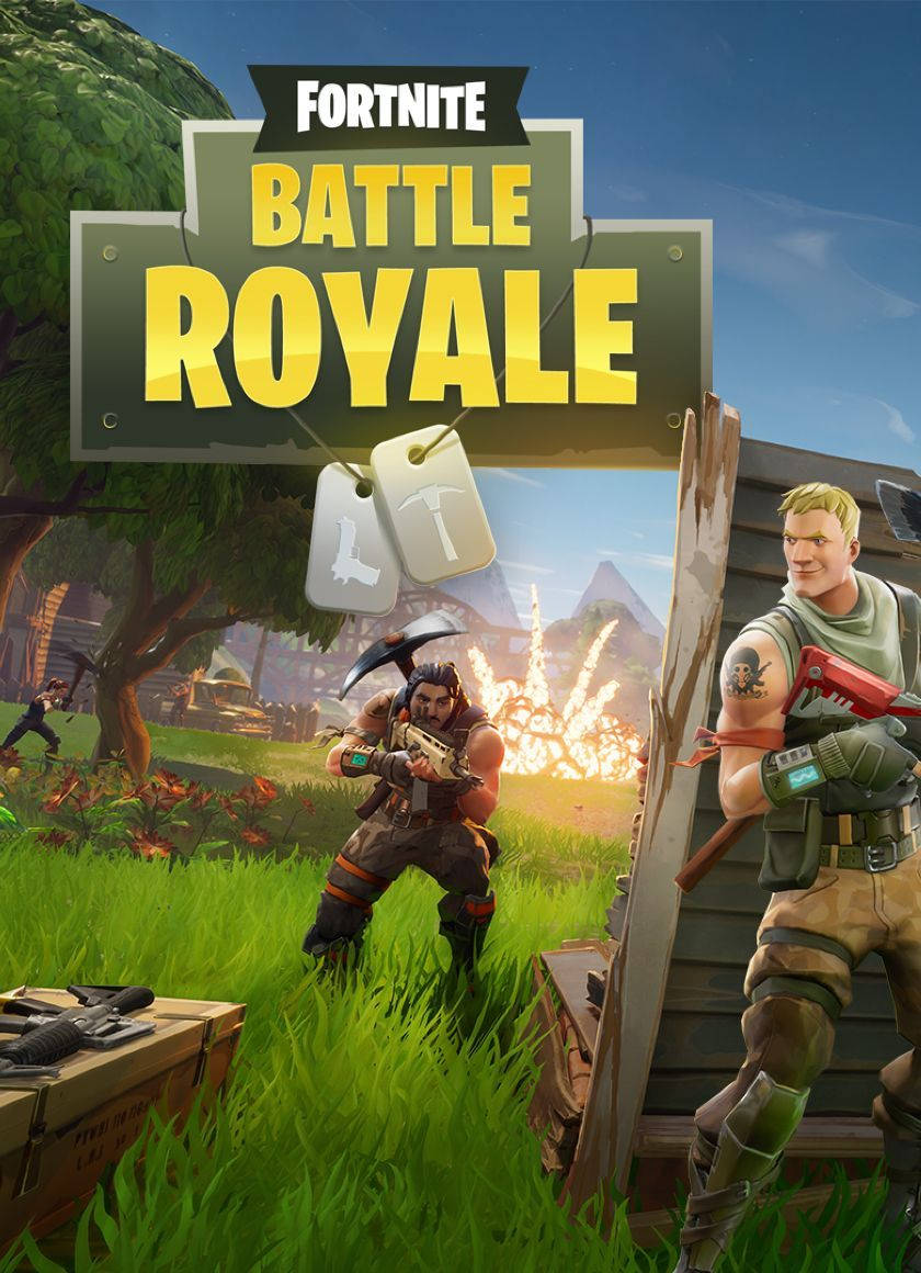 Fortnite battle royale, jossa kaksi kaveria taistelee aseillaan taustakuva.