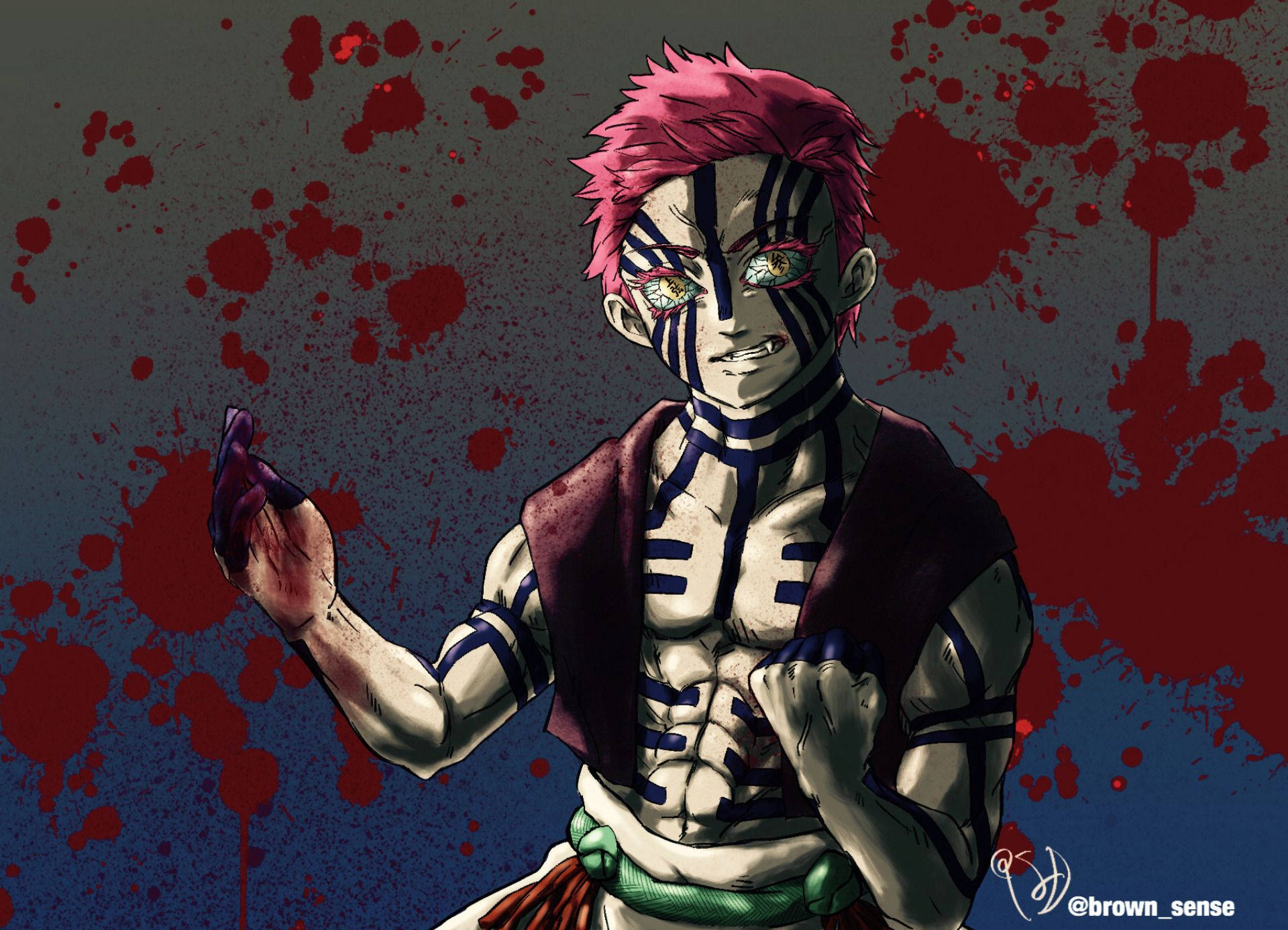 Demon Slayer -taustakuva Ylemmästä Kuusta 3 Akazasta, jonka vartalo on mustien merkintöjen peitossa