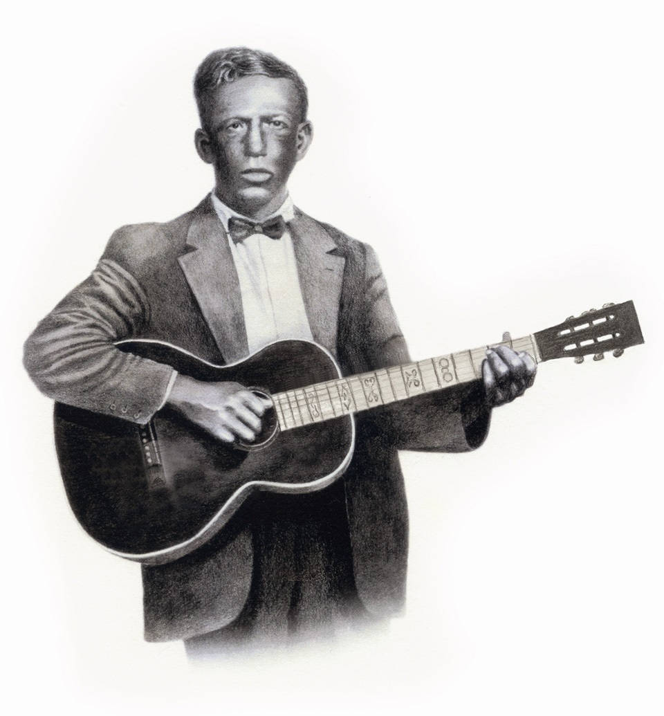 Amerikkalainen bluesmies Charley Patton kitaran kanssa Taustakuvat