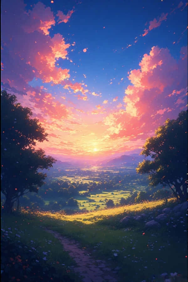 Anime auringonlasku maalaismaisema unenomainen eloisa 4K Taustakuvat