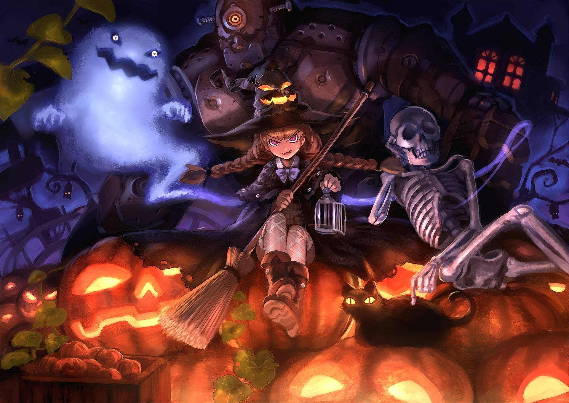 Anime-Halloween-tyttö hengailee aaveen, luurangon ja robotin kanssa Taustakuvat