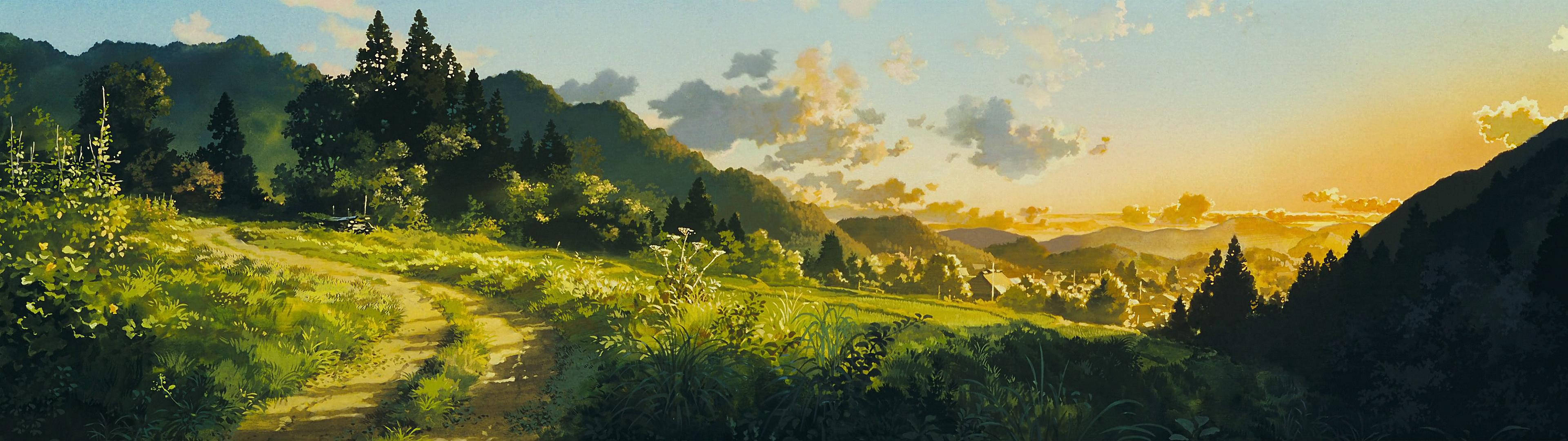 Luonnollinen vihreä maisema anime-kaksoisnäytön taustakuvassa