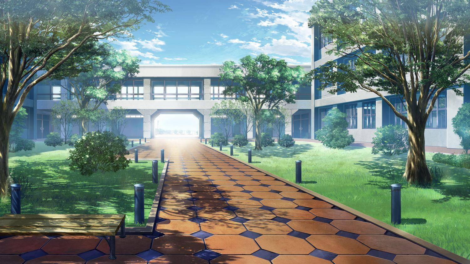 Anime koulumaisema laatoitettu polku Taustakuvat