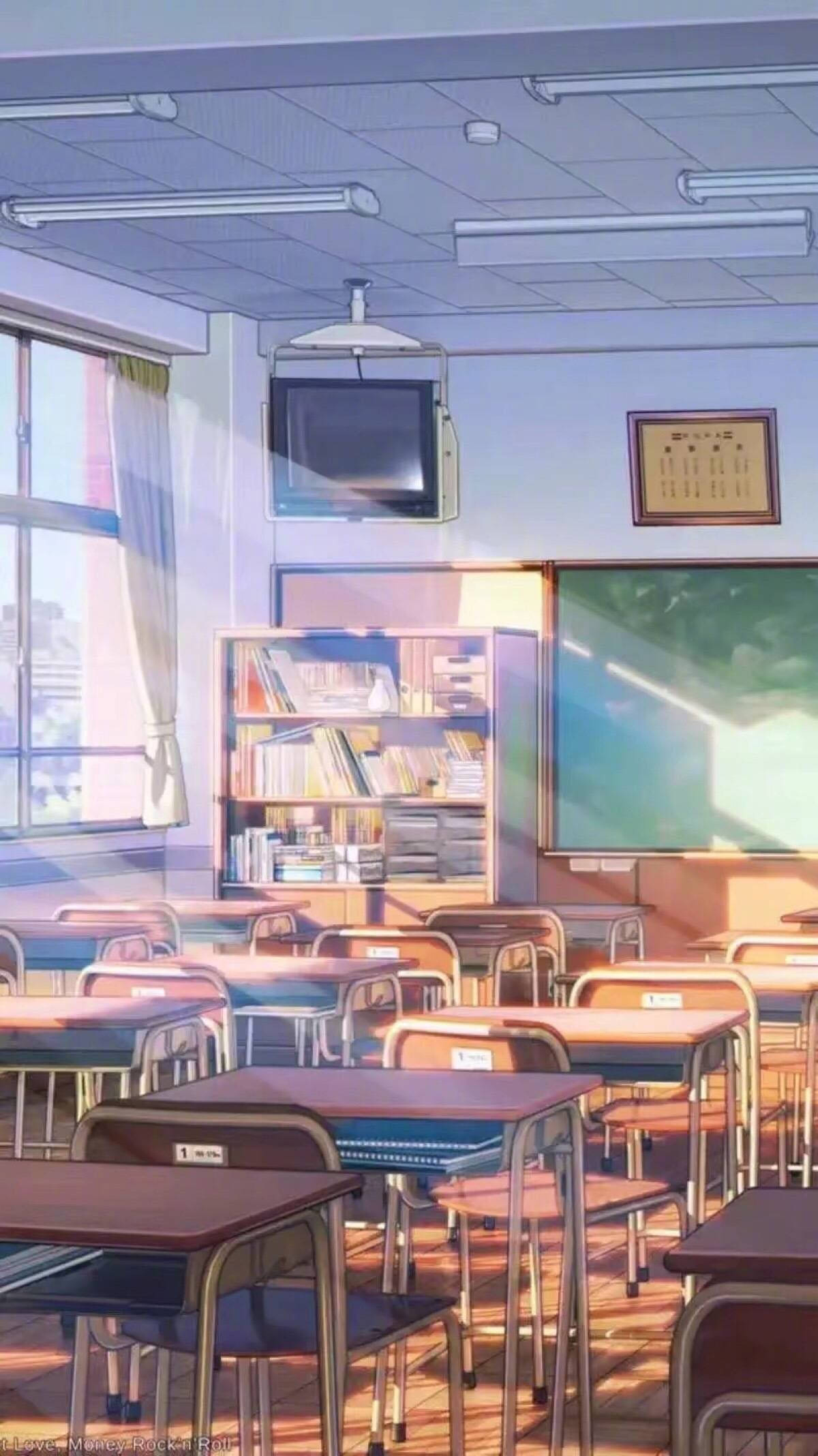 Anime-koulumaisema luokkahuoneessa televisiolla Taustakuvat