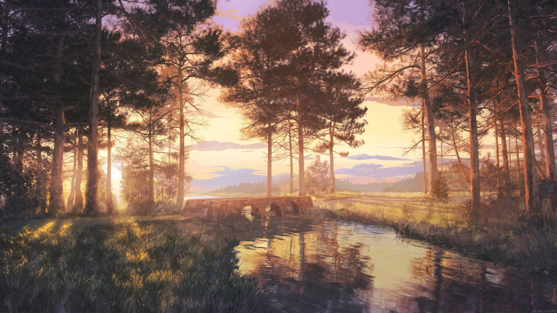 Anime maisema metsä puita ja joki Taustakuvat
