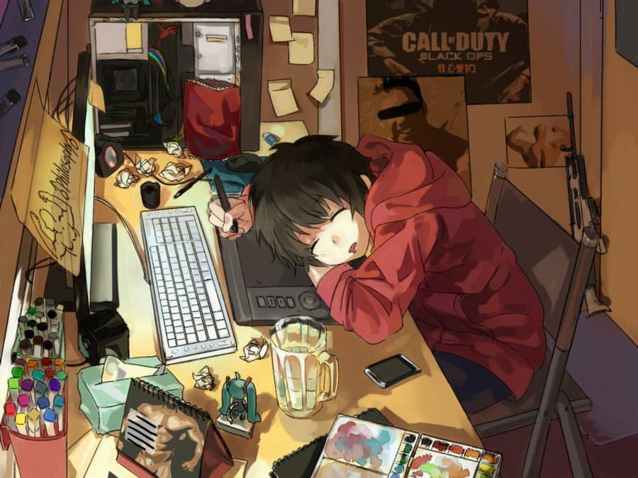 Anime-mies nukkuu kannettavan kosketuslevyllä Taustakuvat