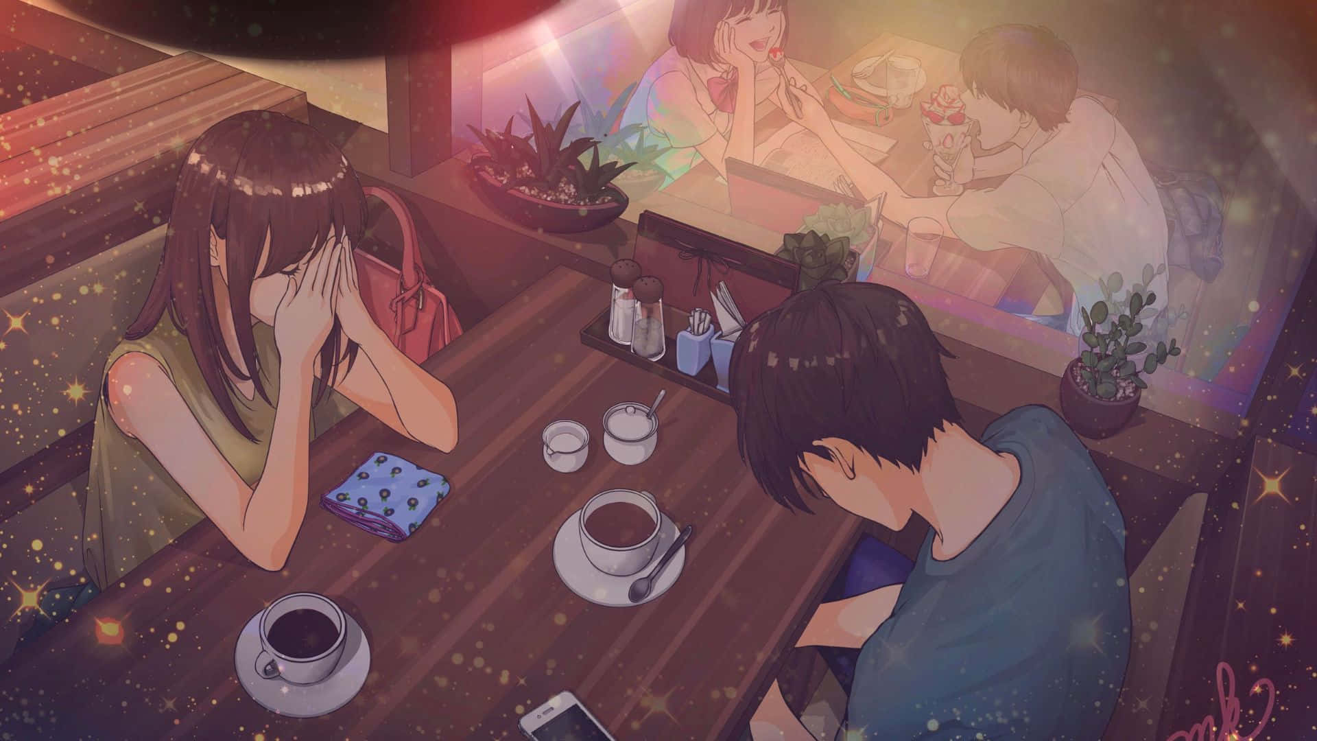 Anime pari kahvilassa taustakuva Taustakuvat