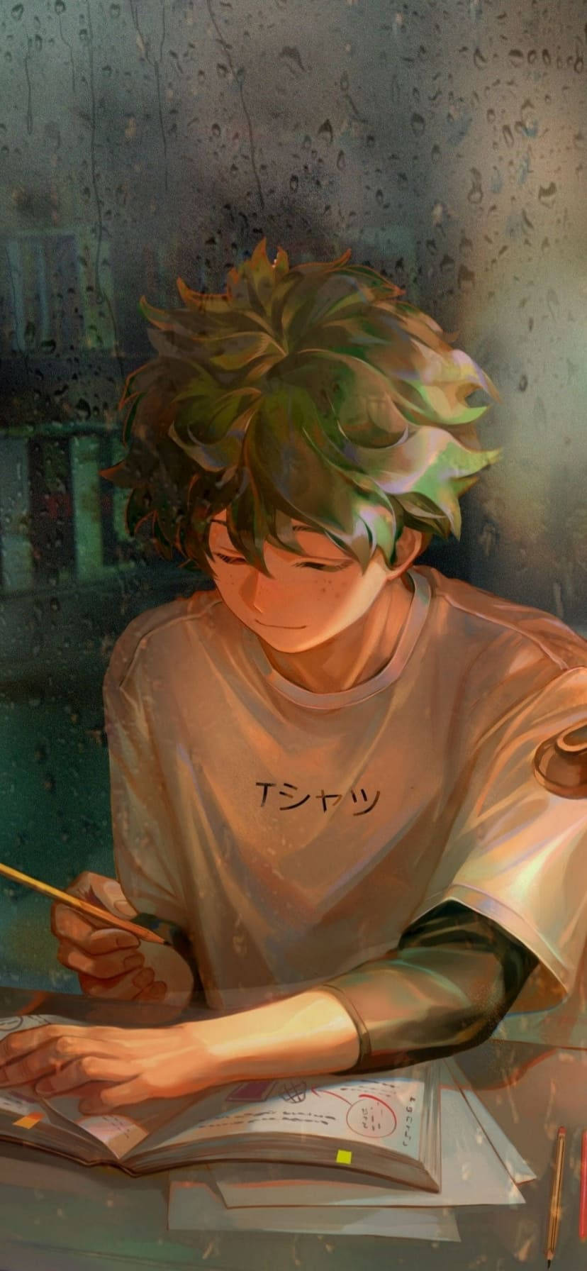 Anime poika tekemässä läksyjä puhelimen taustakuvaksi HD Taustakuvat