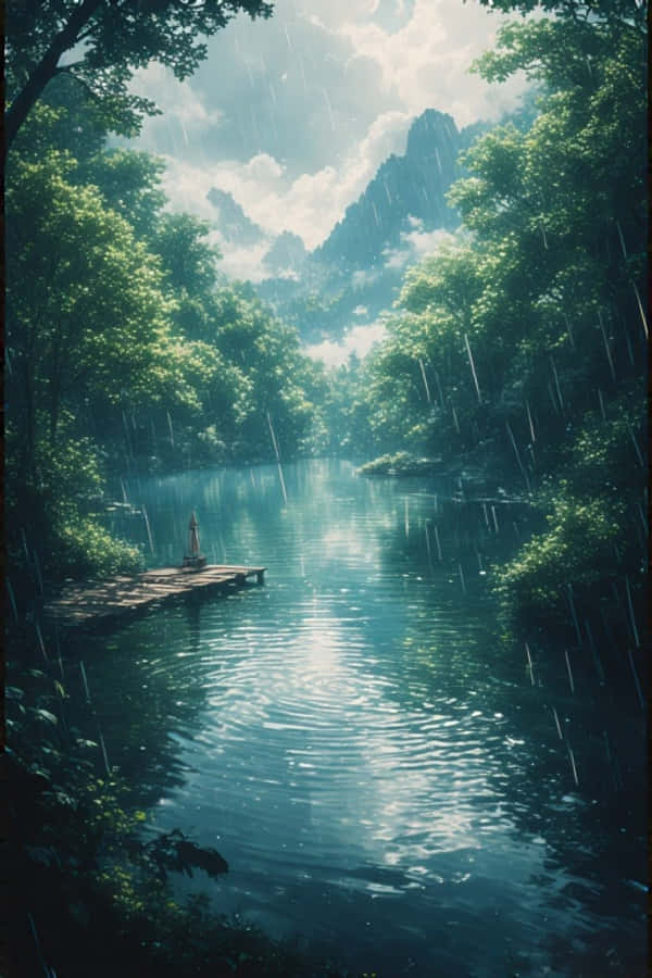 Anime sateinen järvi vihreässä metsässä 4K Taustakuvat