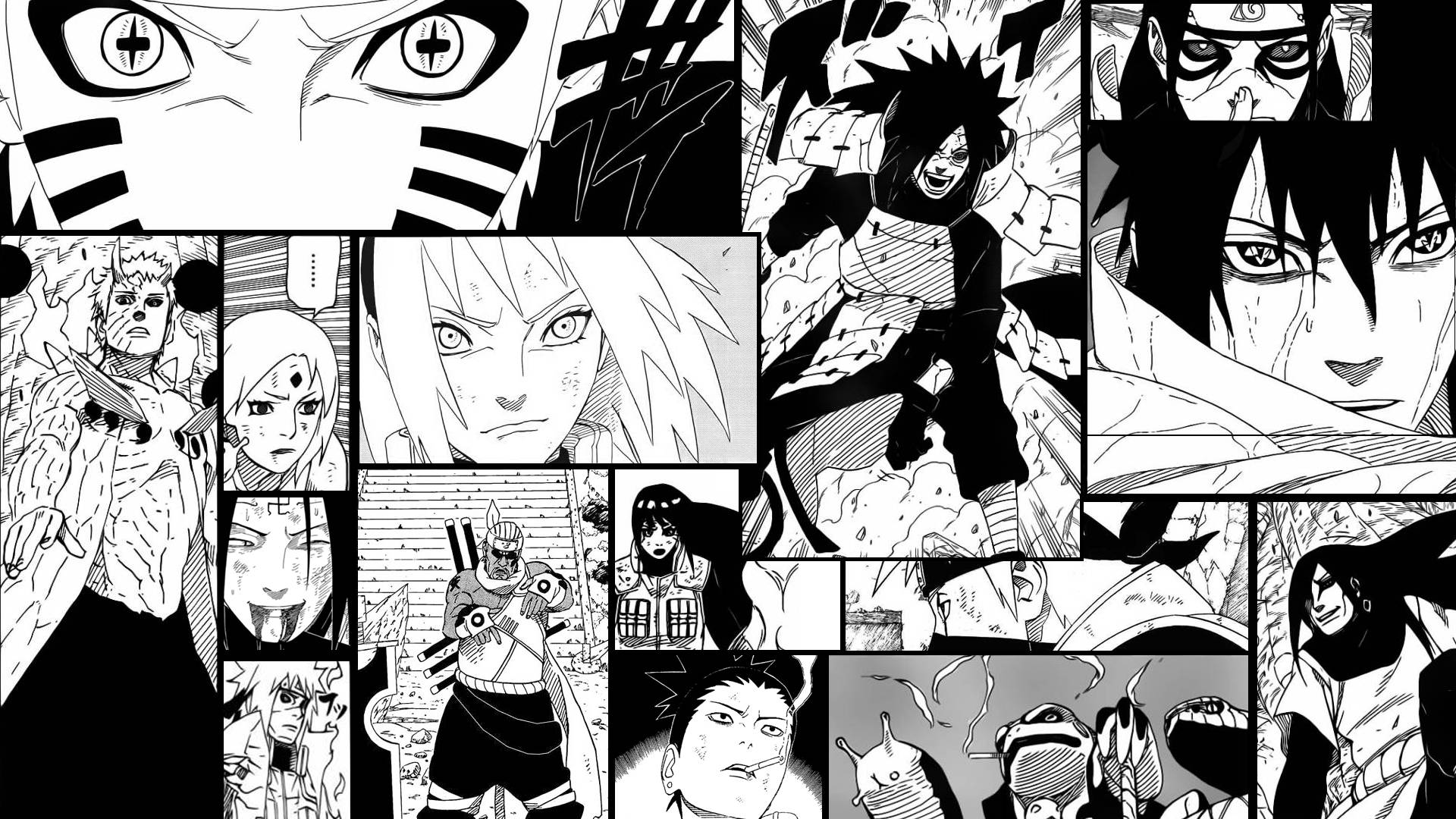 Anime-taidetta mustavalkoisena Naruto-mangapaneeleina Taustakuvat