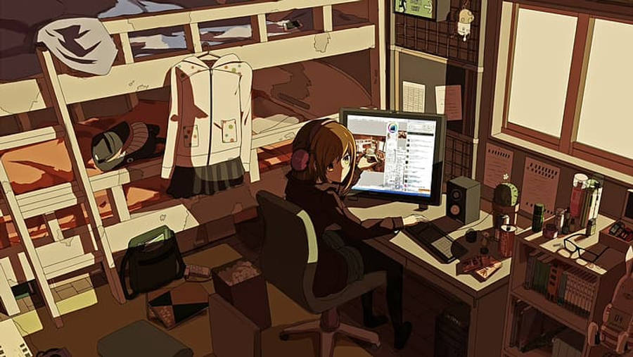 Anime-tytön läppärityöpiste varjojen valaisemana Taustakuvat