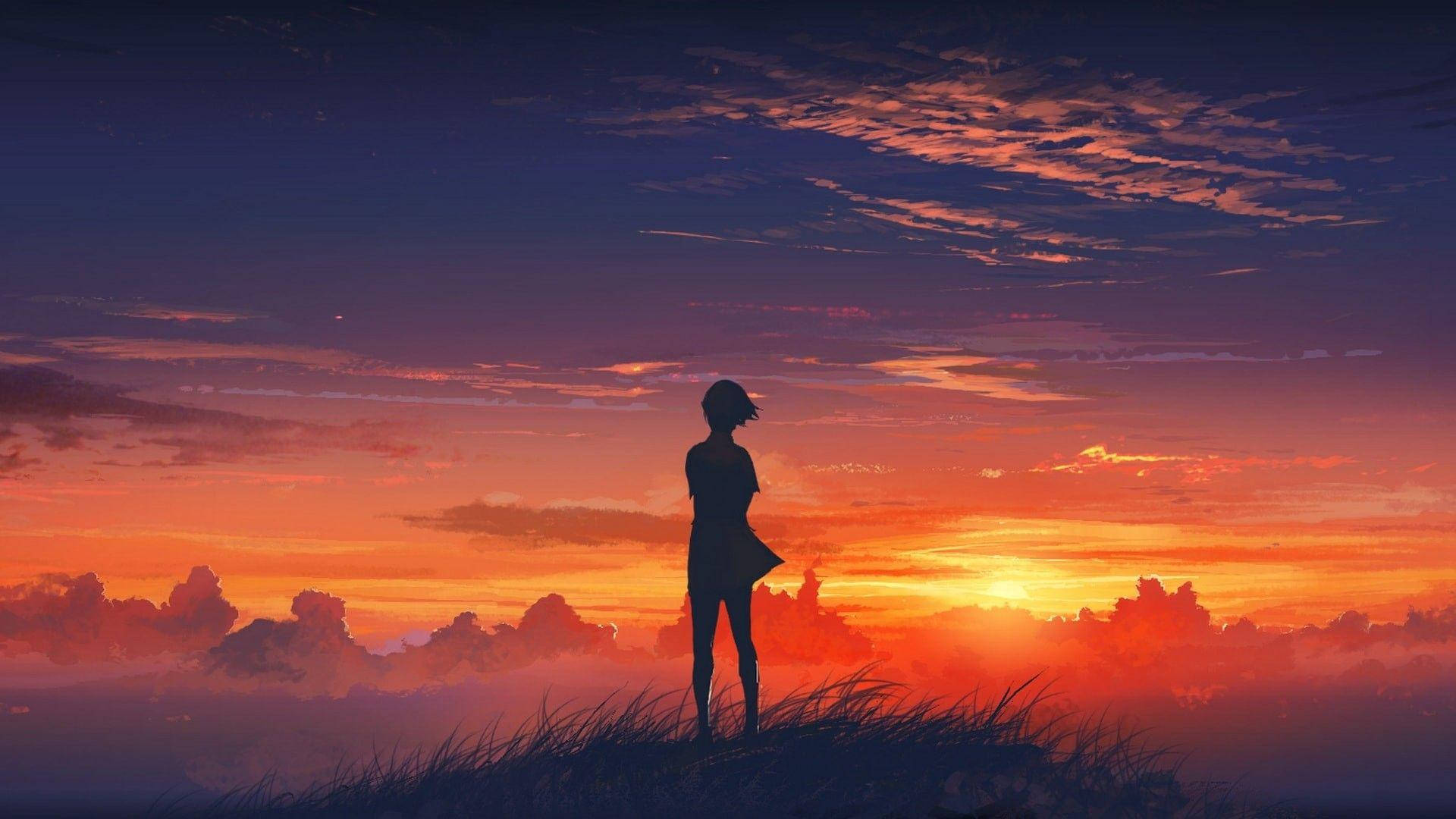 Anime-tytön siluetti auringonlaskussa Taustakuvat
