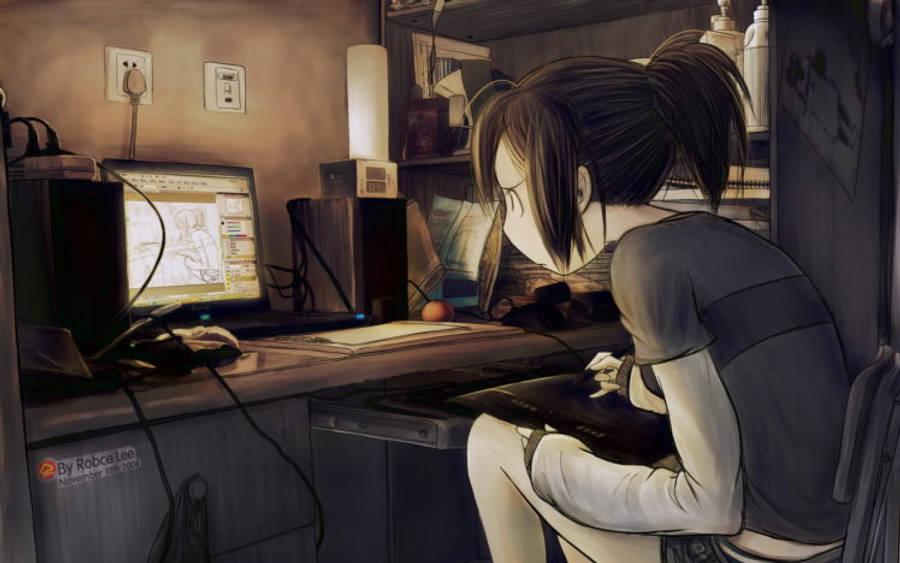 Anime-tyttö hämmentyneenä läppärin edessä Taustakuvat
