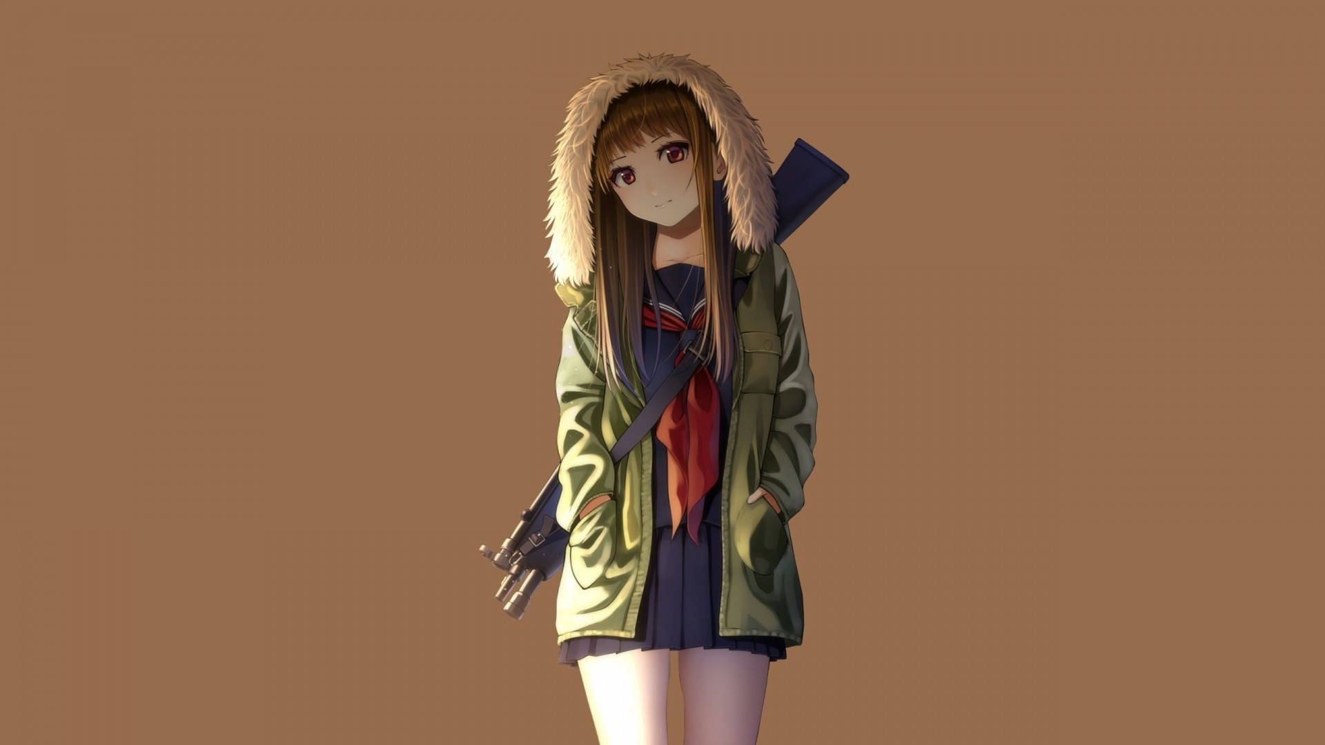 Anime-tyttö hupparissa aseen kanssa Taustakuvat