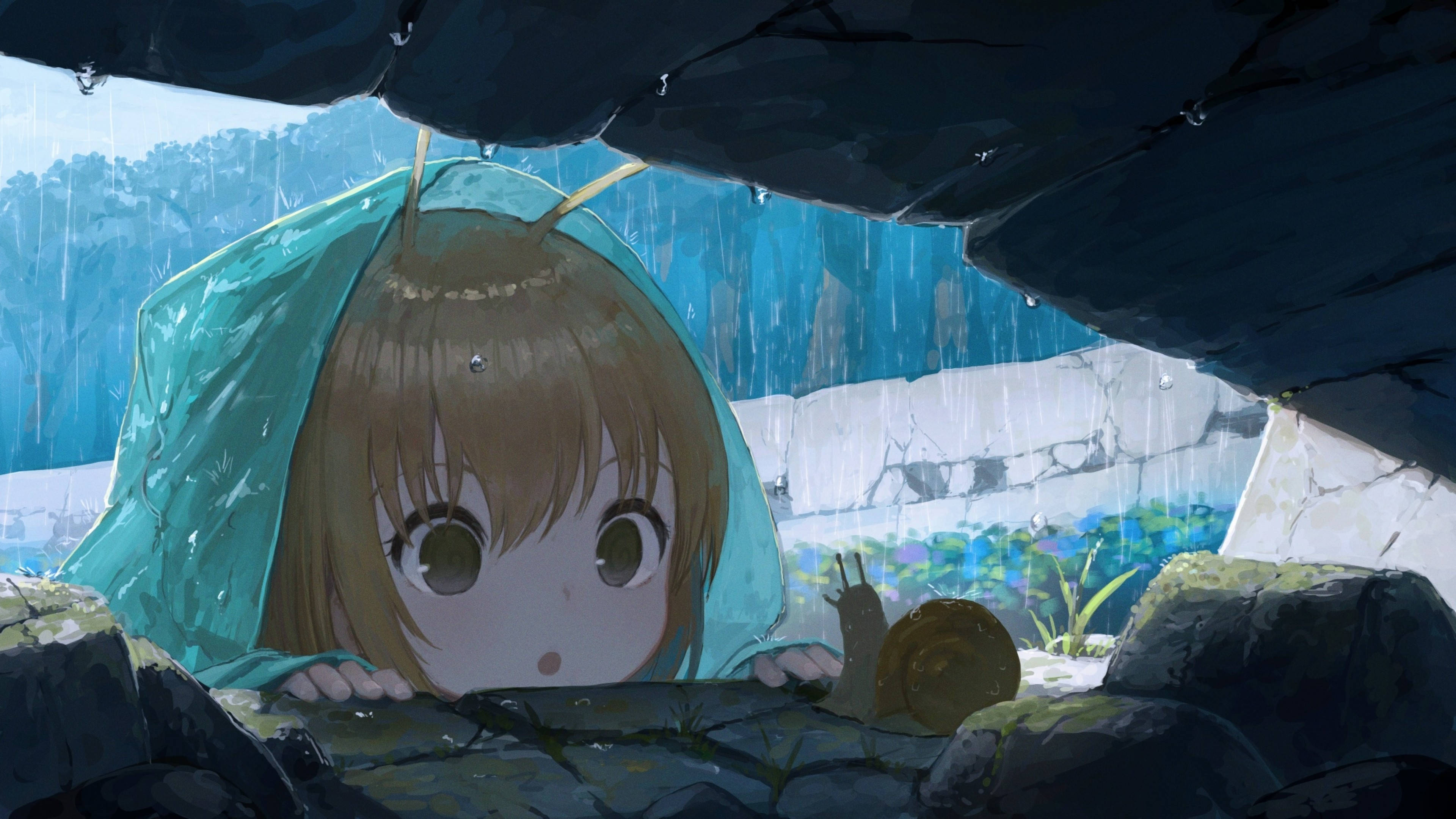 Anime-tyttö hupparissa etanan kanssa Taustakuvat