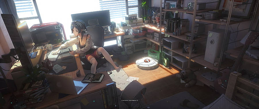 Anime-tyttö istuu mukavasti työskennellen kannettavallaan Taustakuvat