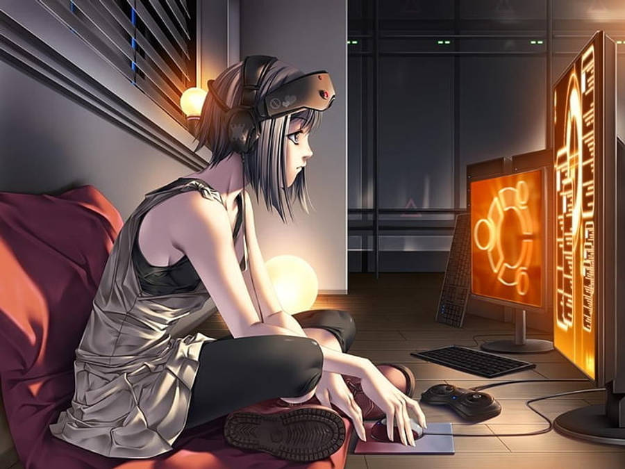 Anime-tyttö katselee lähellä kannettavan tietokoneen näyttöä Taustakuvat