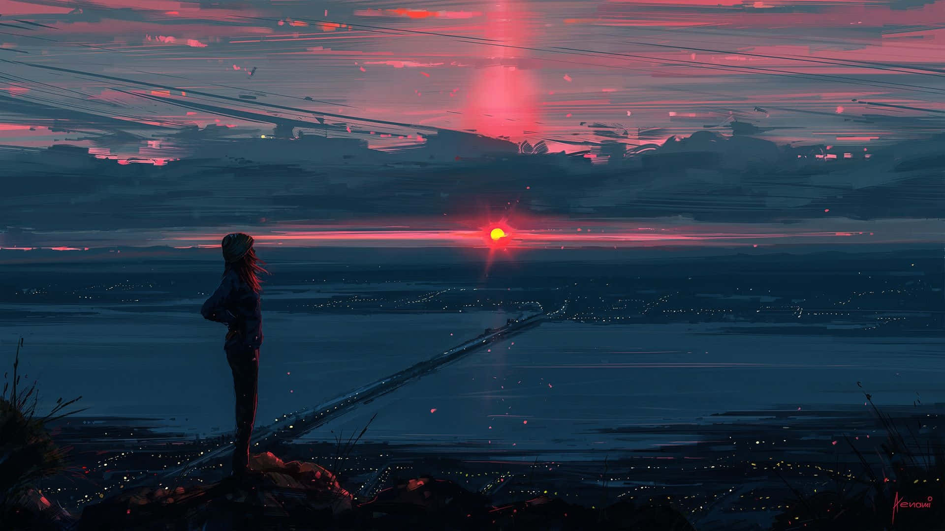 Anime-tyttö katselee auringonlaskun kaupunkia kalliolta Taustakuvat