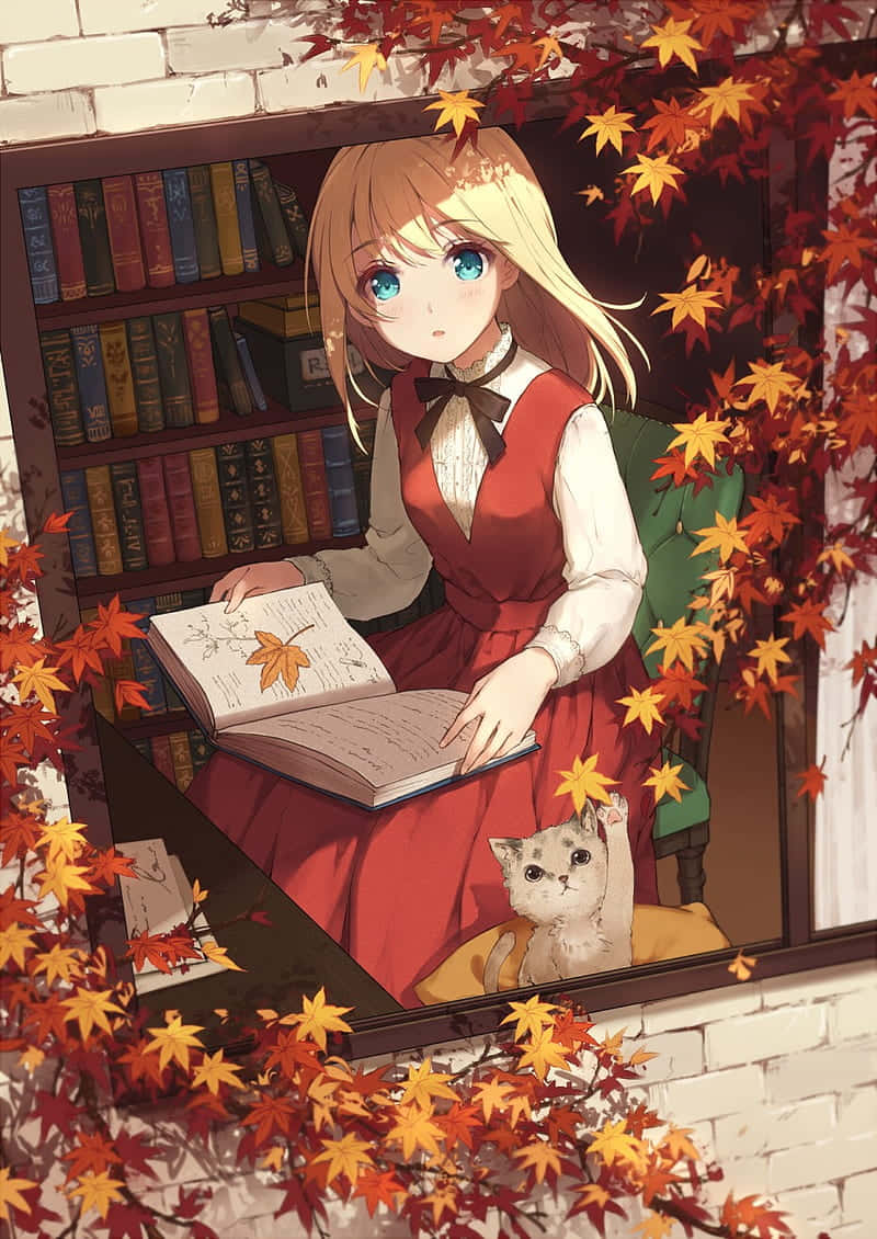 Anime-tyttö kissan ja vaahteranlehtien kanssa syksyllä Taustakuvat