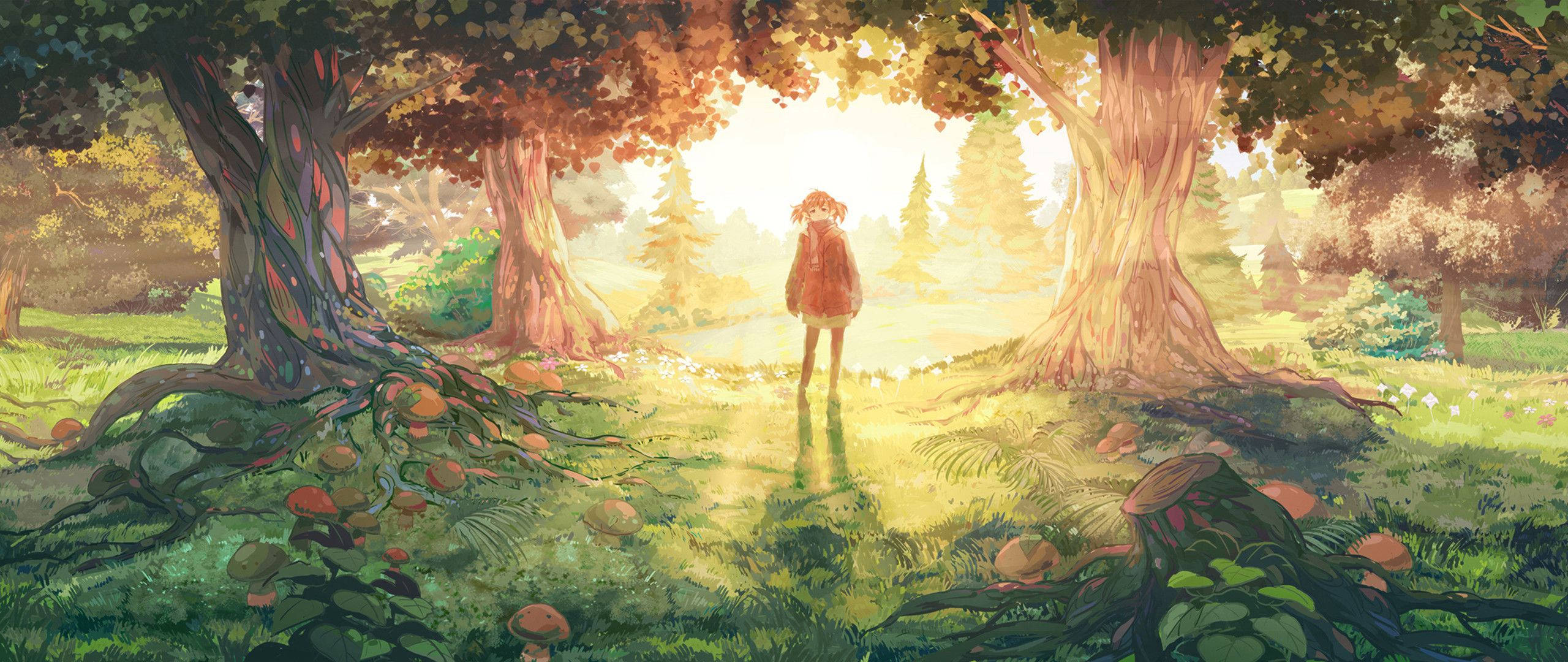 Anime-tyttö nauttii metsän rauhasta Taustakuvat