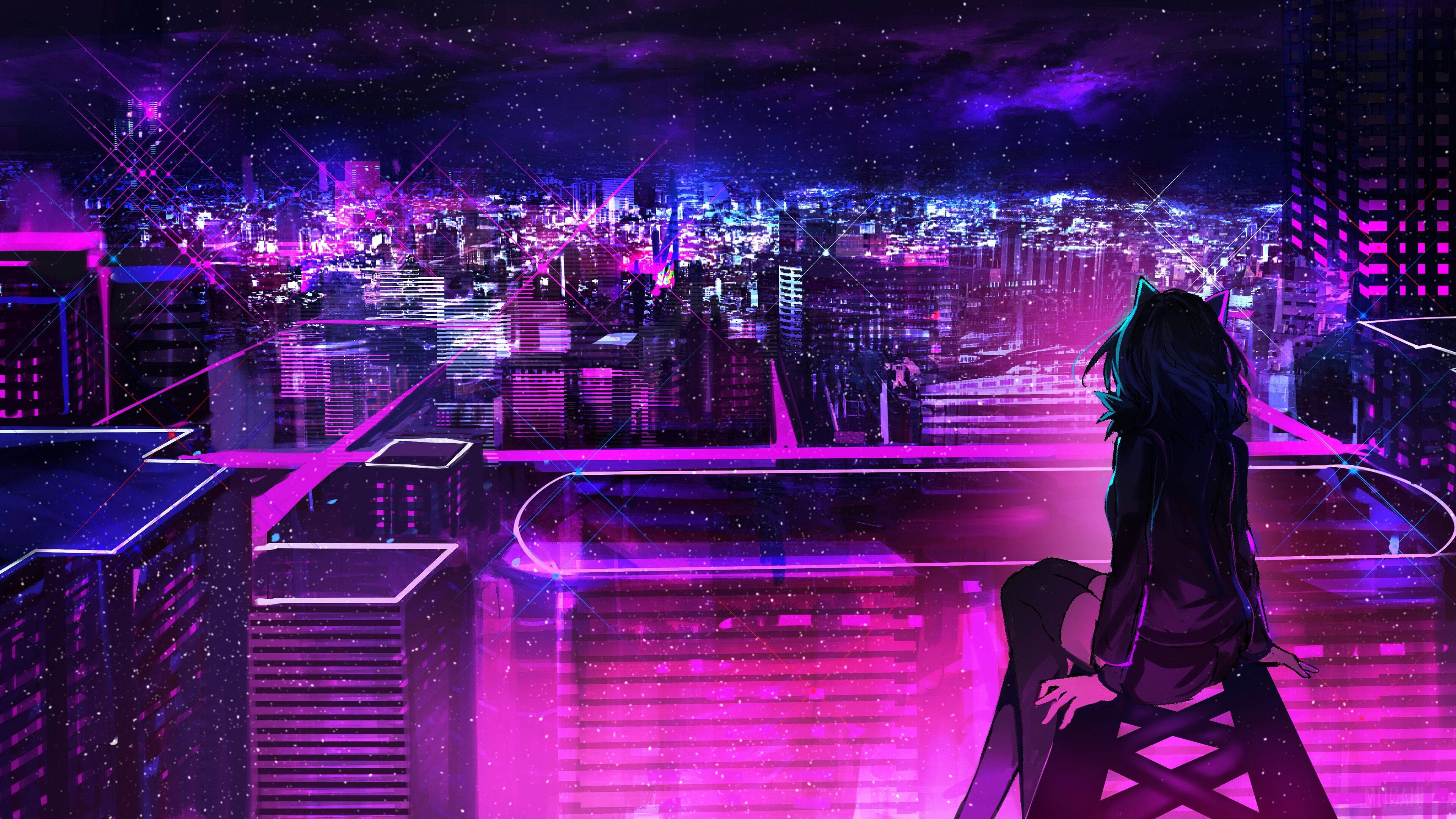 Anime-tyttö neonvioletti kaupunki Taustakuvat