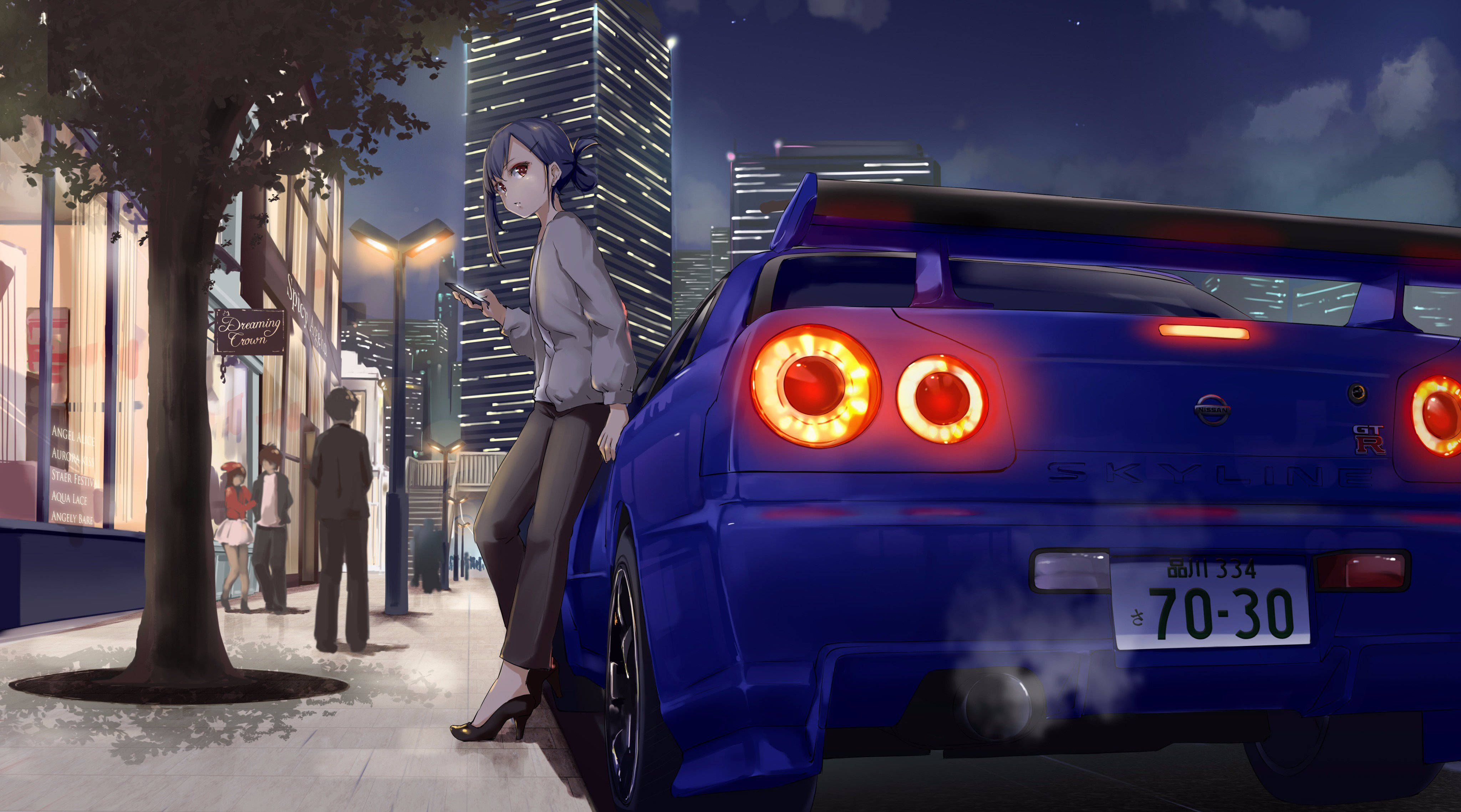 Anime-tyttö nojaa Nissan Skyline -autoon Taustakuvat