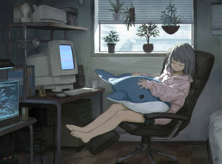 Anime-tyttö nukkumassa läppärin edessä Taustakuvat