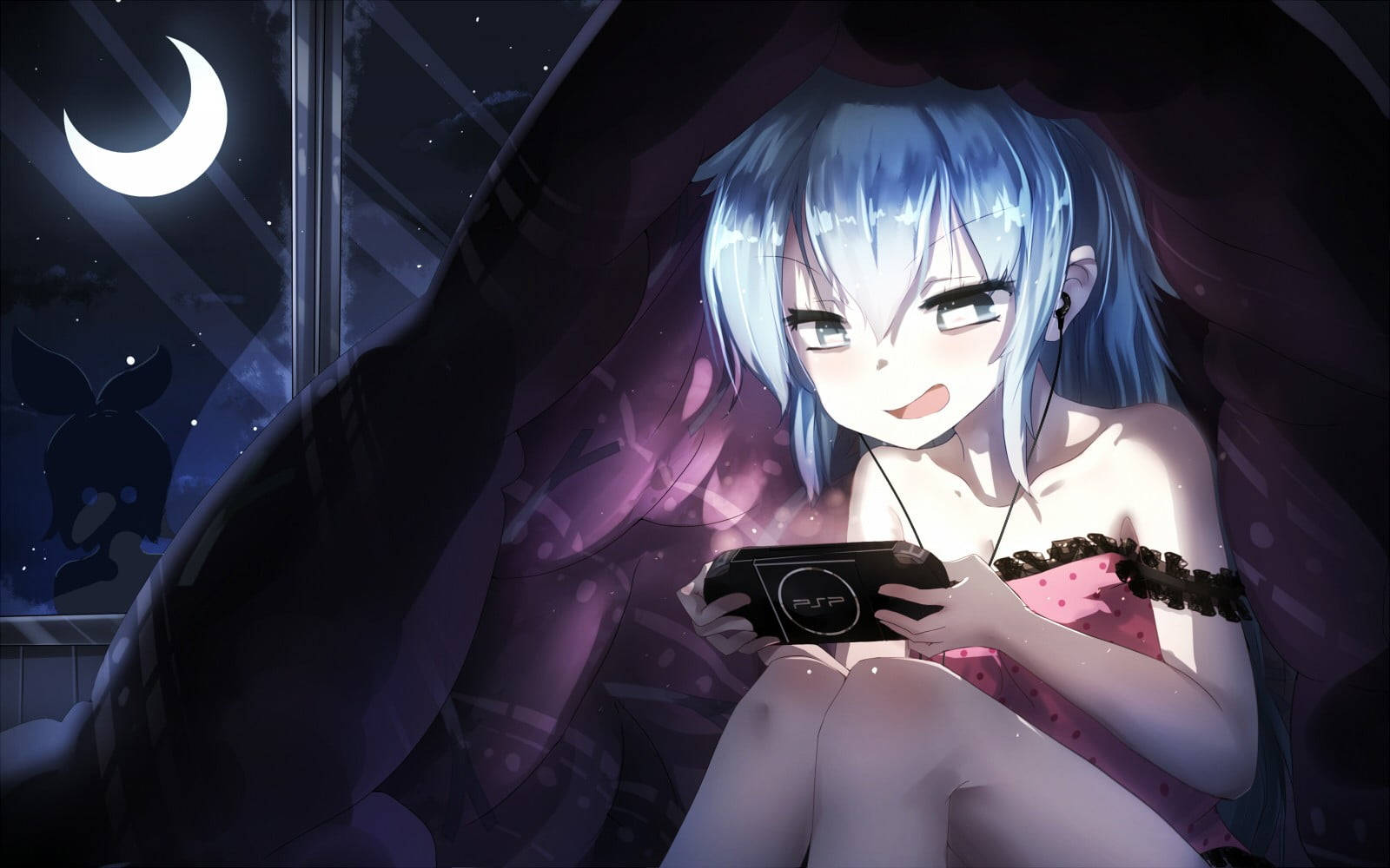 Anime-tyttö pelaamassa PSP:tä yöllä Taustakuvat