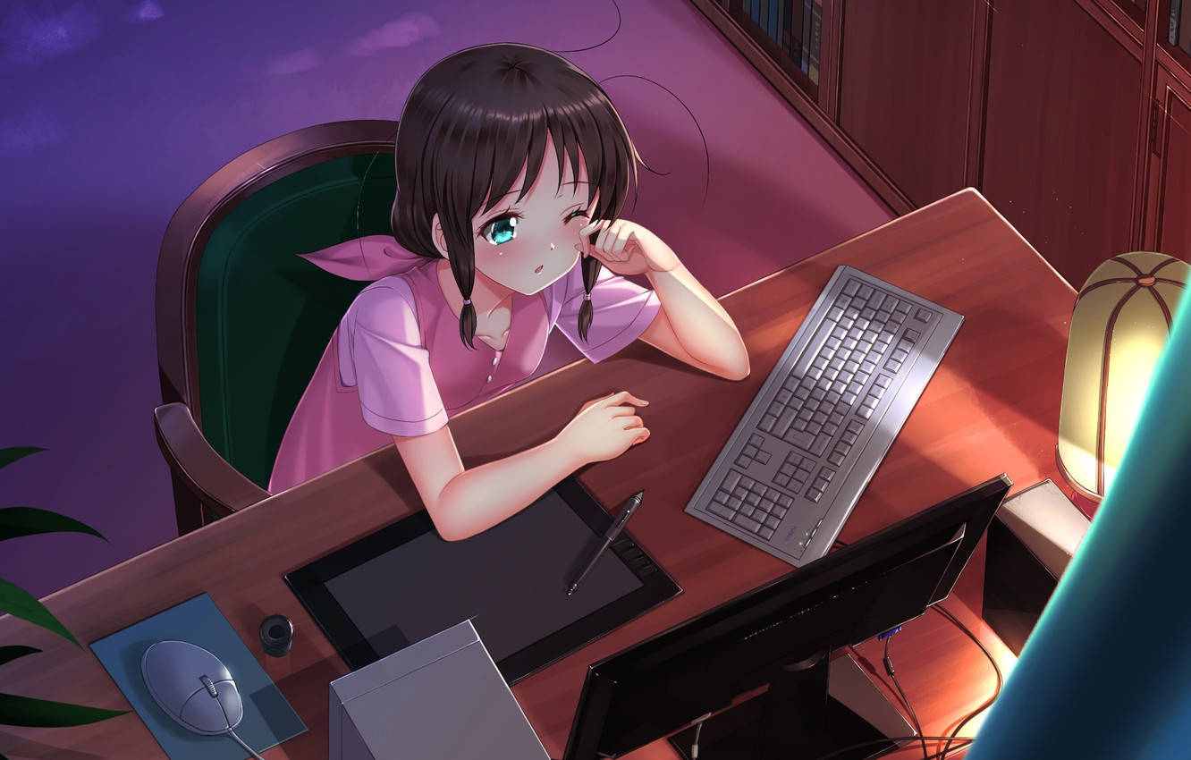 Anime-tyttö pidättelee uneliaisuutta tietokoneen ääressä Taustakuvat