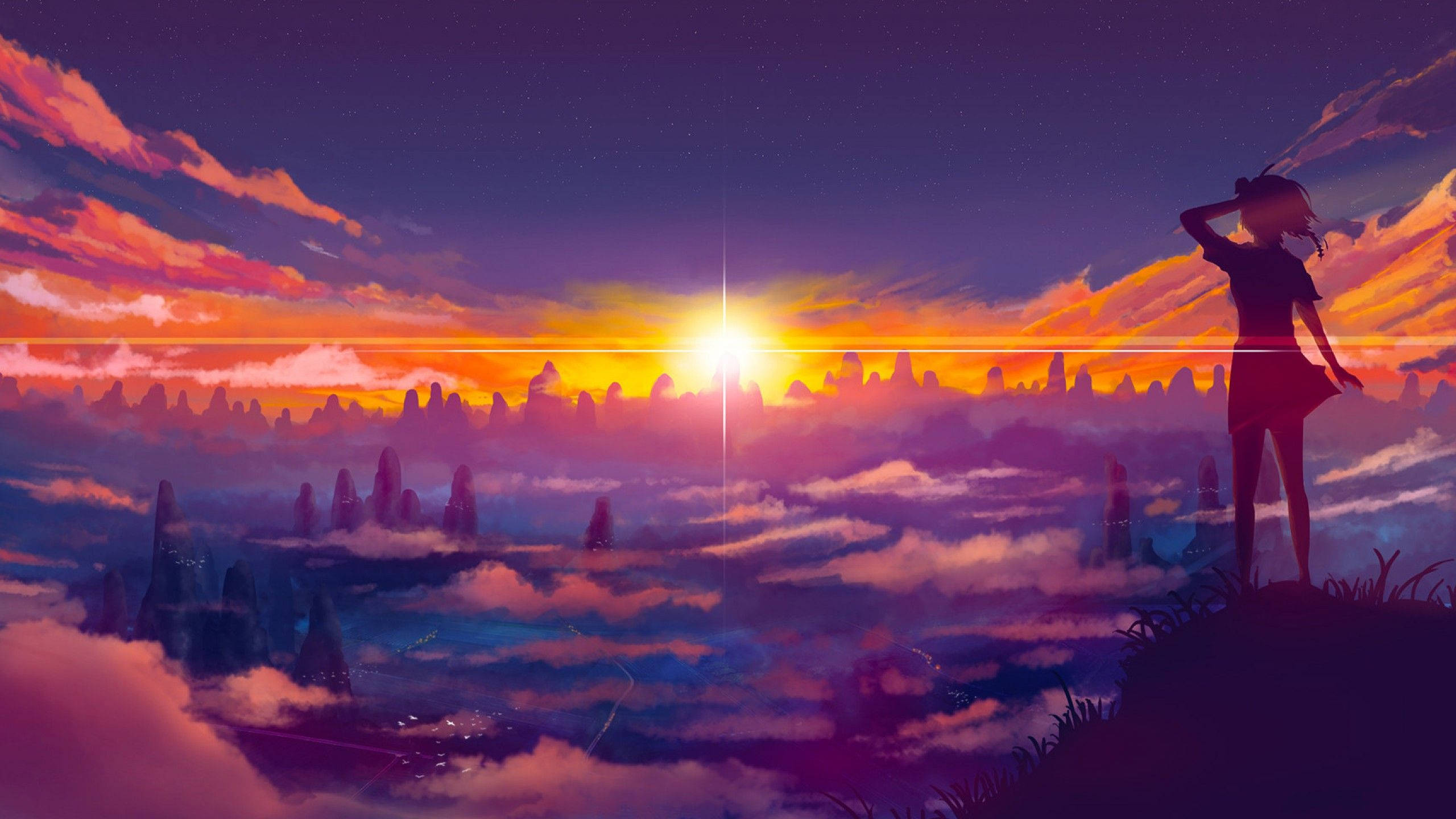 Anime-tyttö pilvisellä auringonlaskulla YouTube-kansi Taustakuvat