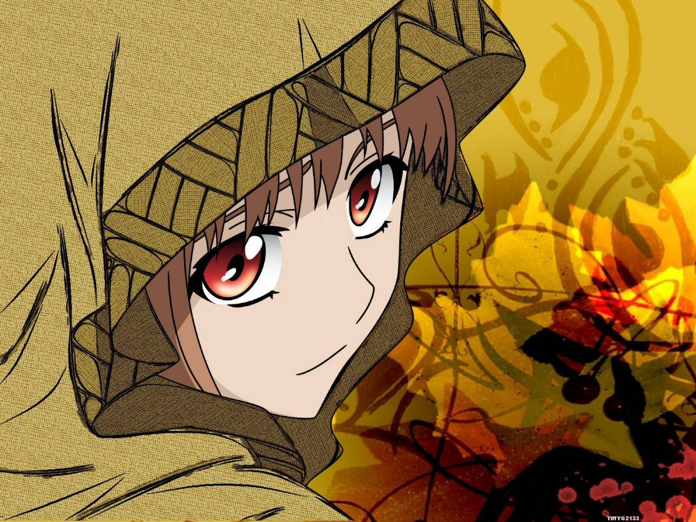 Anime-tyttö ruskeassa viitassa vintage-pintaisella taustakuvalla