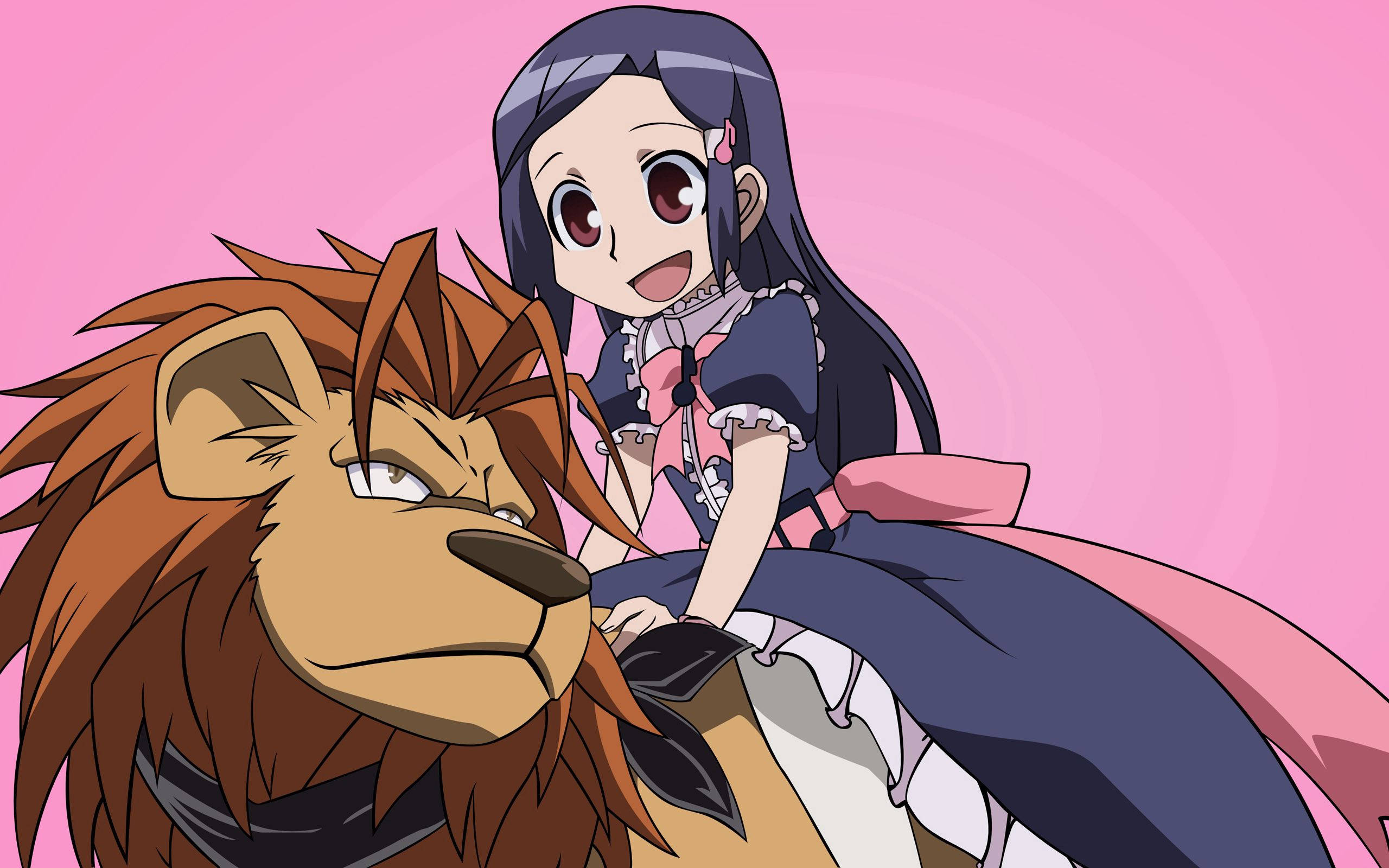 Anime-tyttö ratsastaa leijonalla auringonlaskuun Taustakuvat