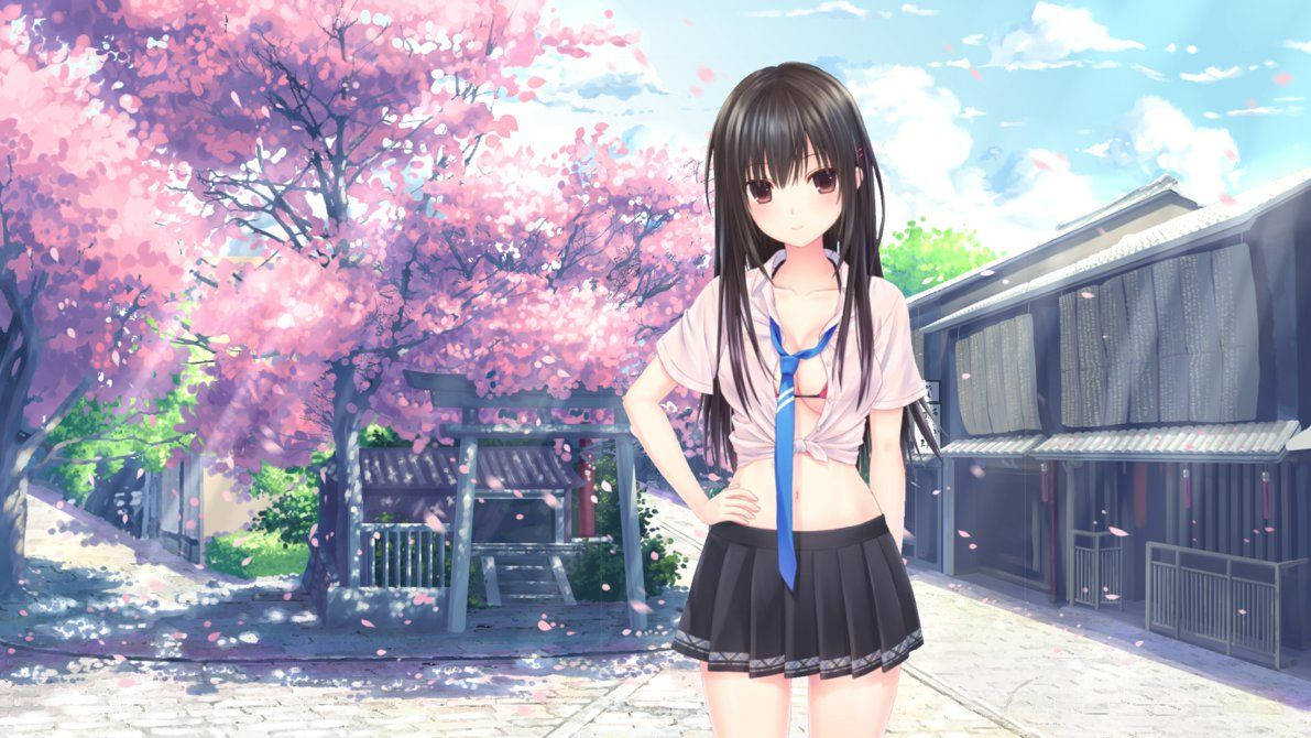 Anime-tyttö tuijottaa kaukaisuuteen kirsikankukkien ympäröimänä. Taustakuvat