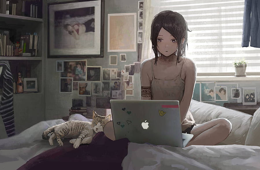 Anime-tyttö työskentelee läppärillä sängyssä Taustakuvat
