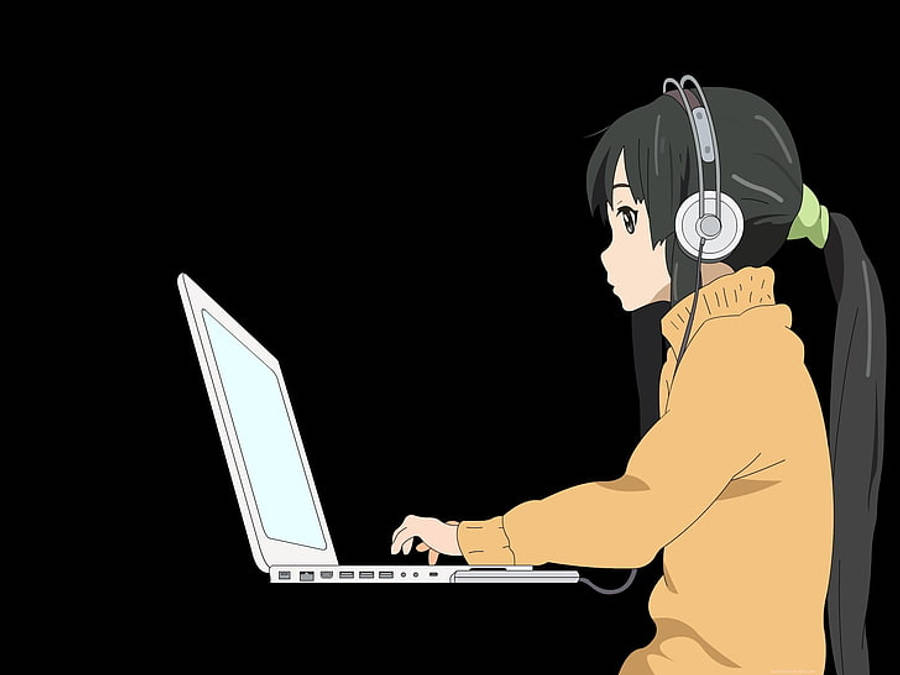 Anime-tyttö työskentelee valkoisella ohuella kannettavalla Taustakuvat