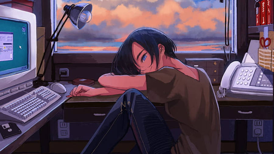 Anime-tyttö väsyneenä läppärin edessä Taustakuvat