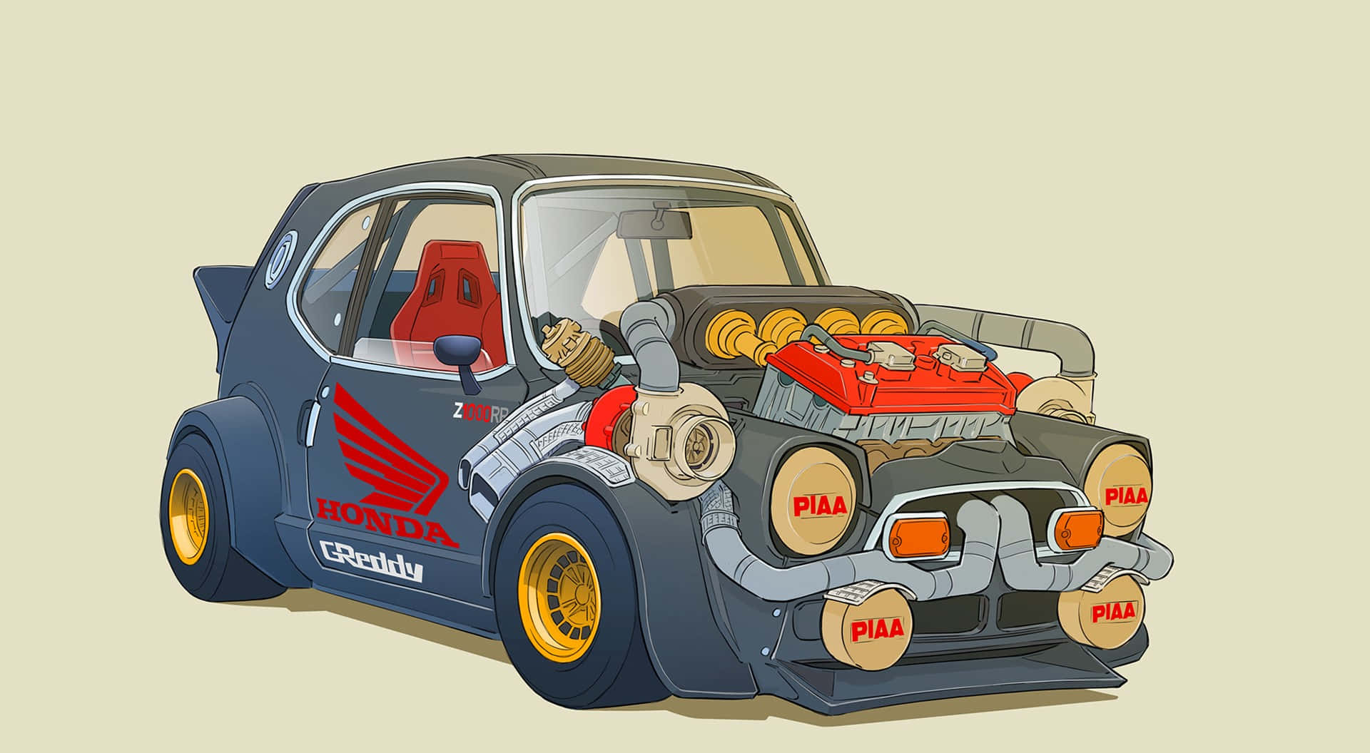 Animeauto kiitää neonkaupungin läpi. Taustakuvat