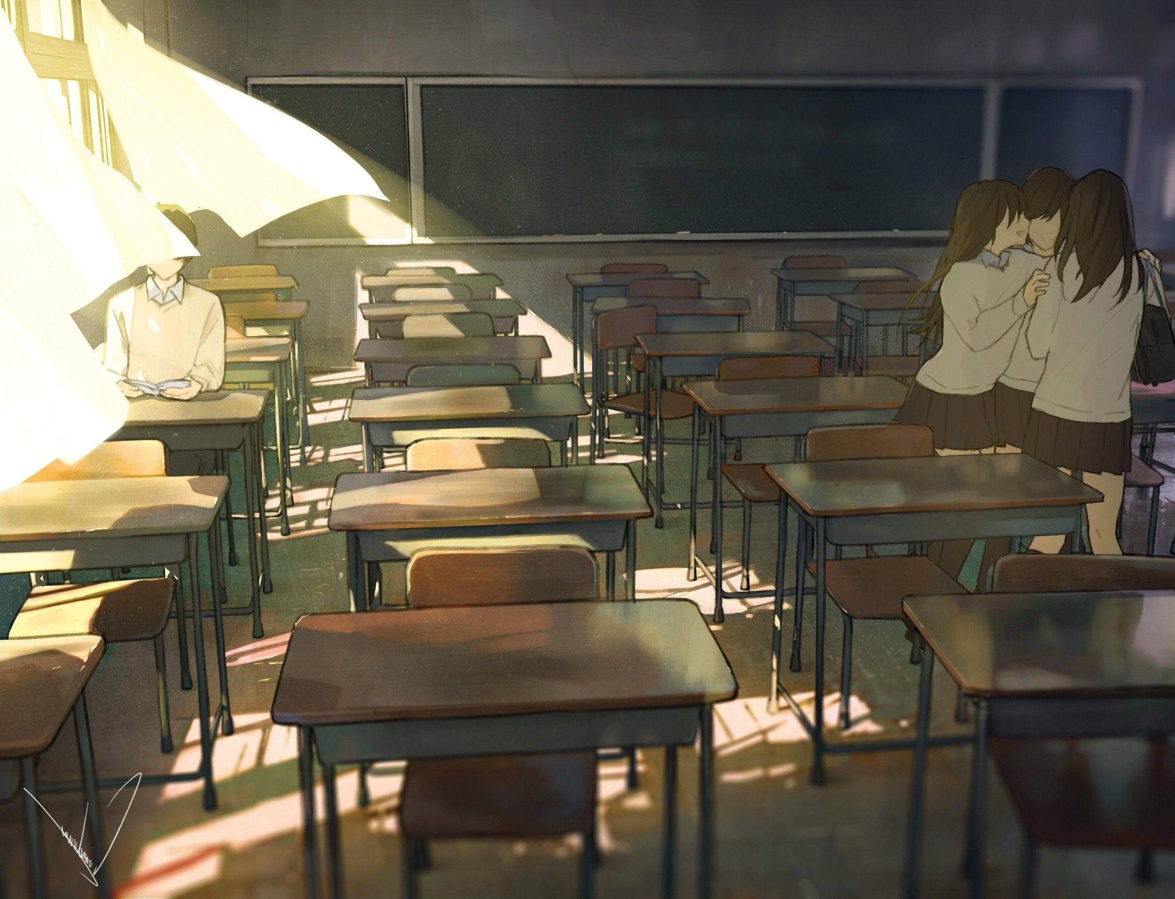 Animekoulun tunnelmallinen luokkahuone pimeässä Taustakuvat