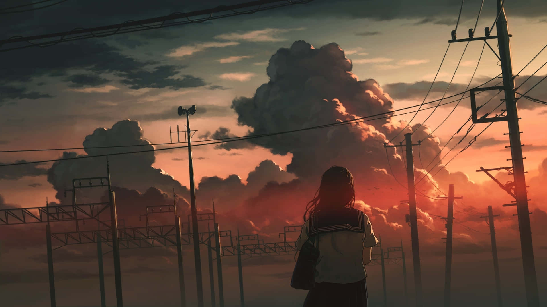 Animekoulutyttö pilvinen taivas auringonlasku Taustakuvat