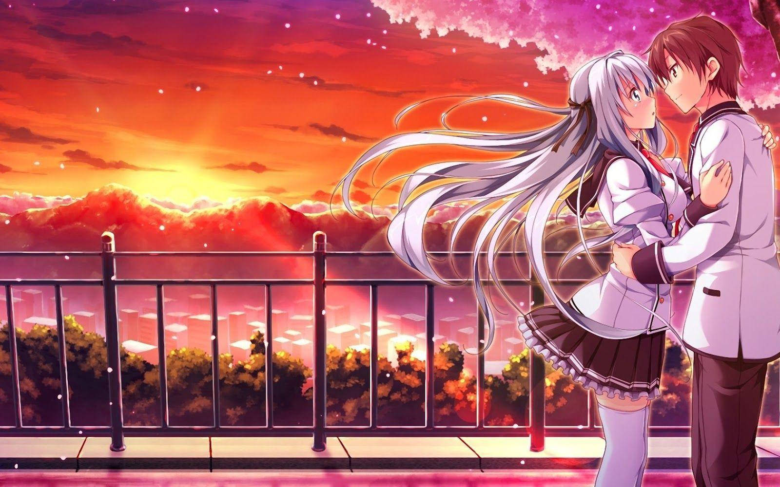 Animepariskunta halaa auringonlaskussa Taustakuvat