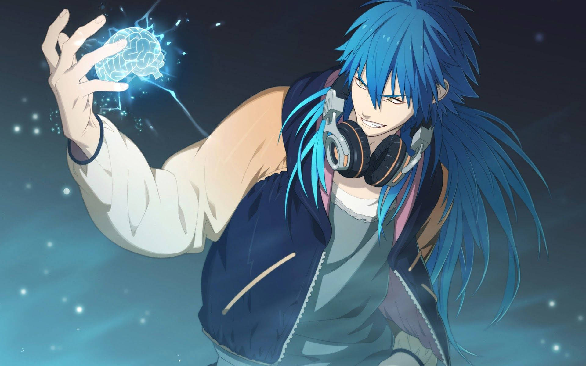 Sininen animepoika kuulokkeilla -taustakuva
