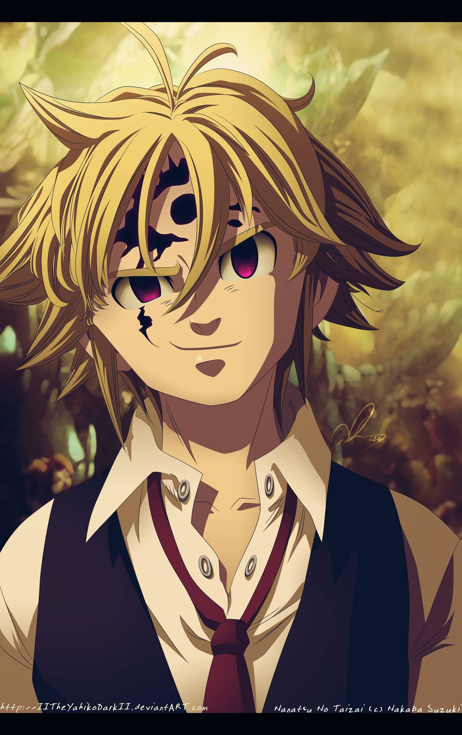 Animesarjasta 'Seitsemän kuolemansyntiä', Meliodas on valmiina taisteluun klassisessa tyylissään. Taustakuvat