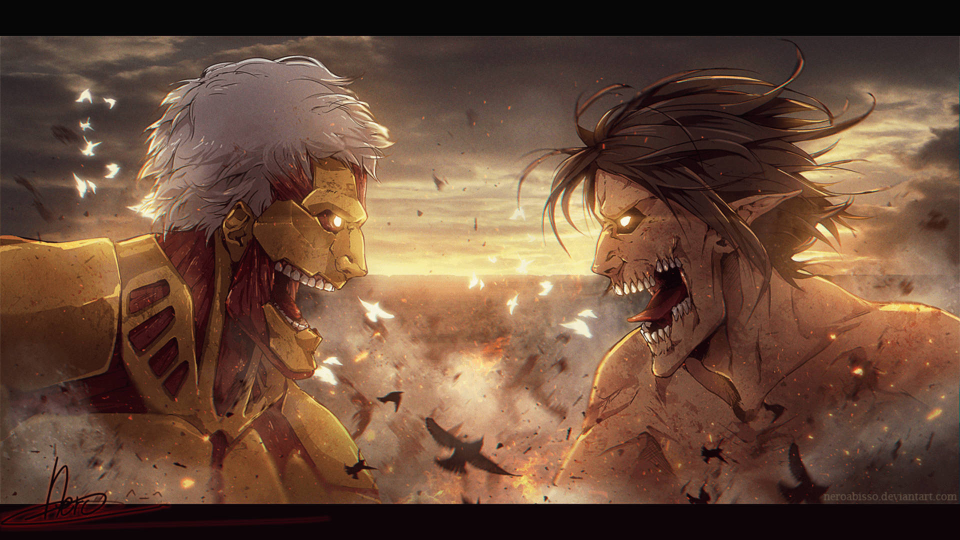 Armored Titan kohtaa Attack Titanin Shiganshinan taistelussa Attack on Titan -taustakuvassa.